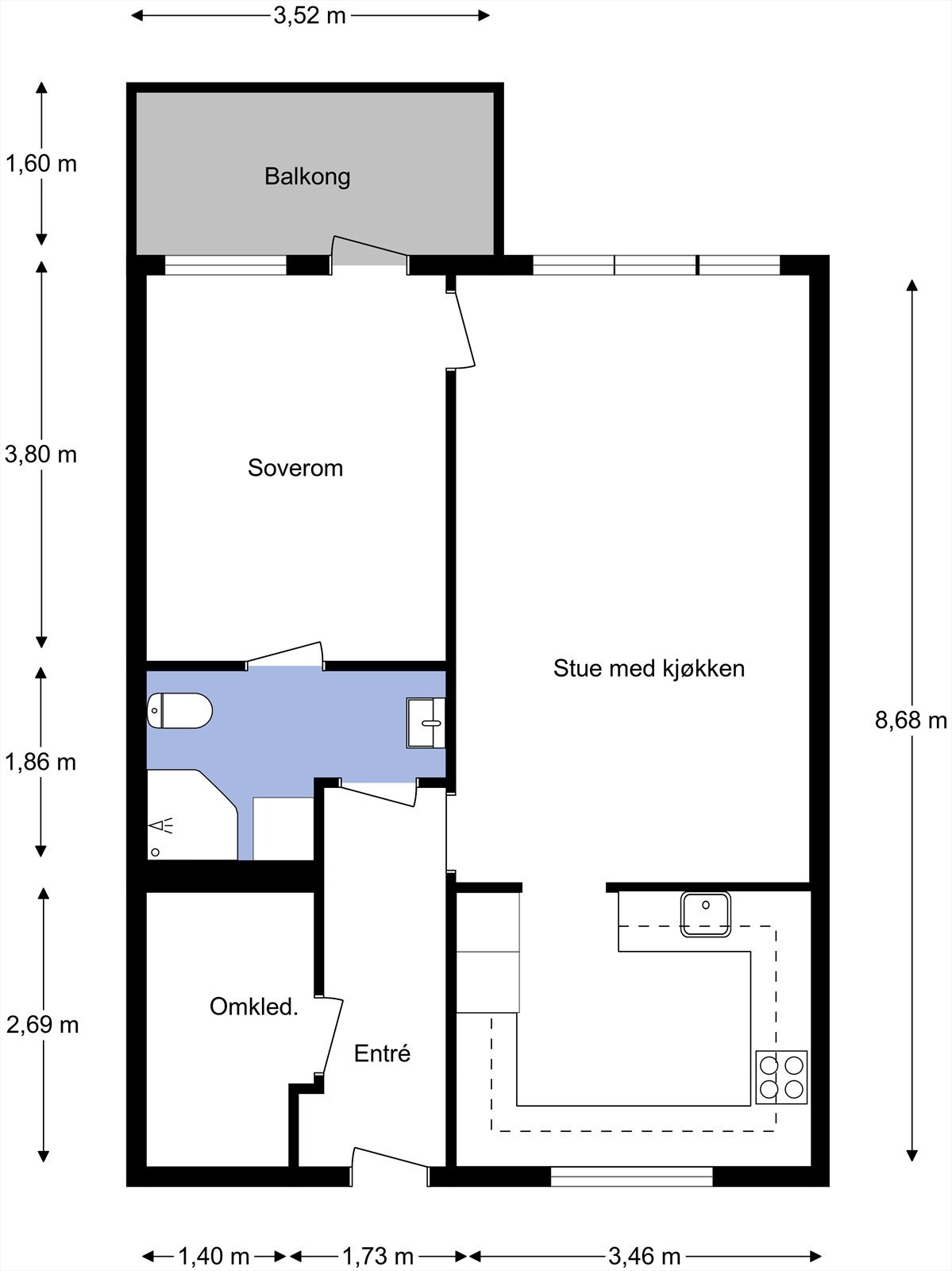 Leiligheten har en smart planløsning, med rom som består av stue/kjøkken, soverom med balkong, bad og entré med walk in closet. Galleribilde
