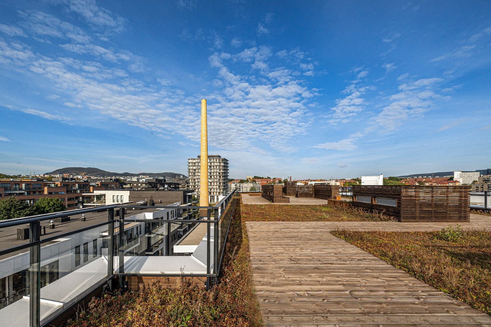 Takterrassen er pent opparbeidet med diverse beplantning. Galleribilde
