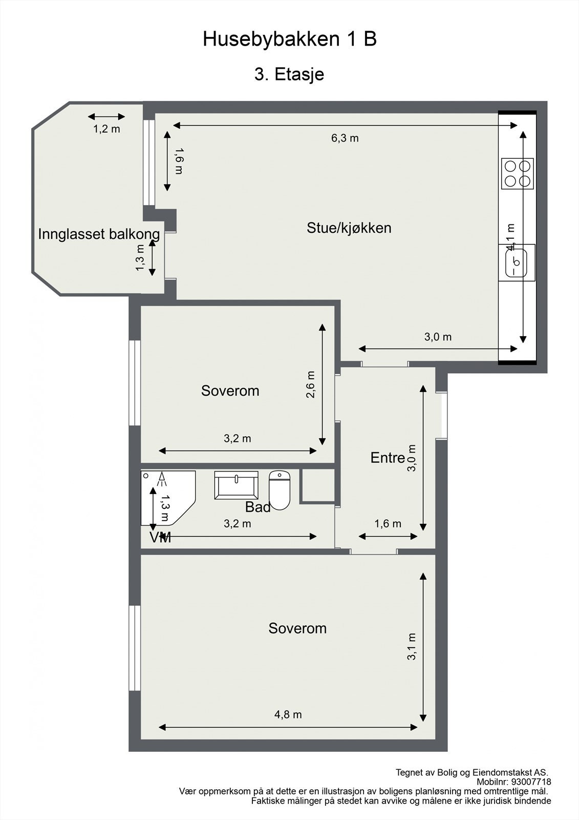 Plantegning Husebybakken 1B, 3. etasje. Galleribilde