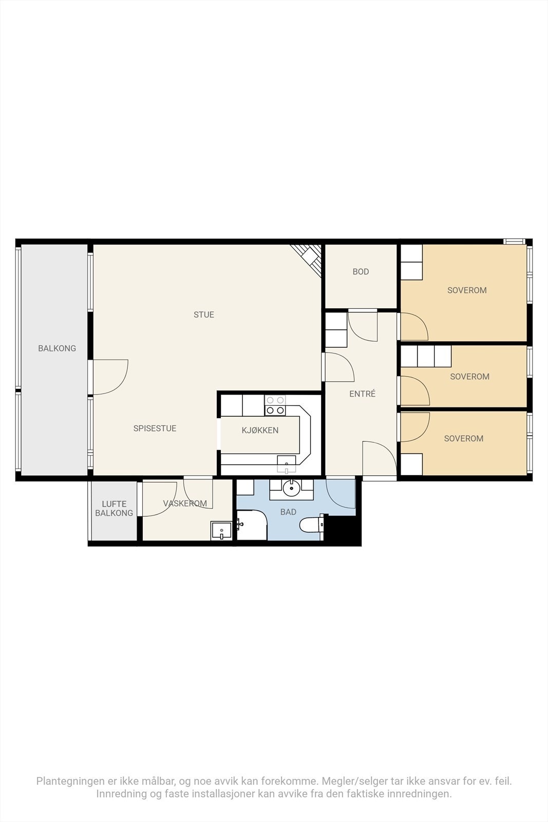 PLANTEGNING | Denne leiligheten ligger i byggets 5. etasje og inneholder entré, flislagt bad, vaskerom, åpen og sosial stue/kjøkken del og tre romslige soverom, samt en bod. Galleribilde