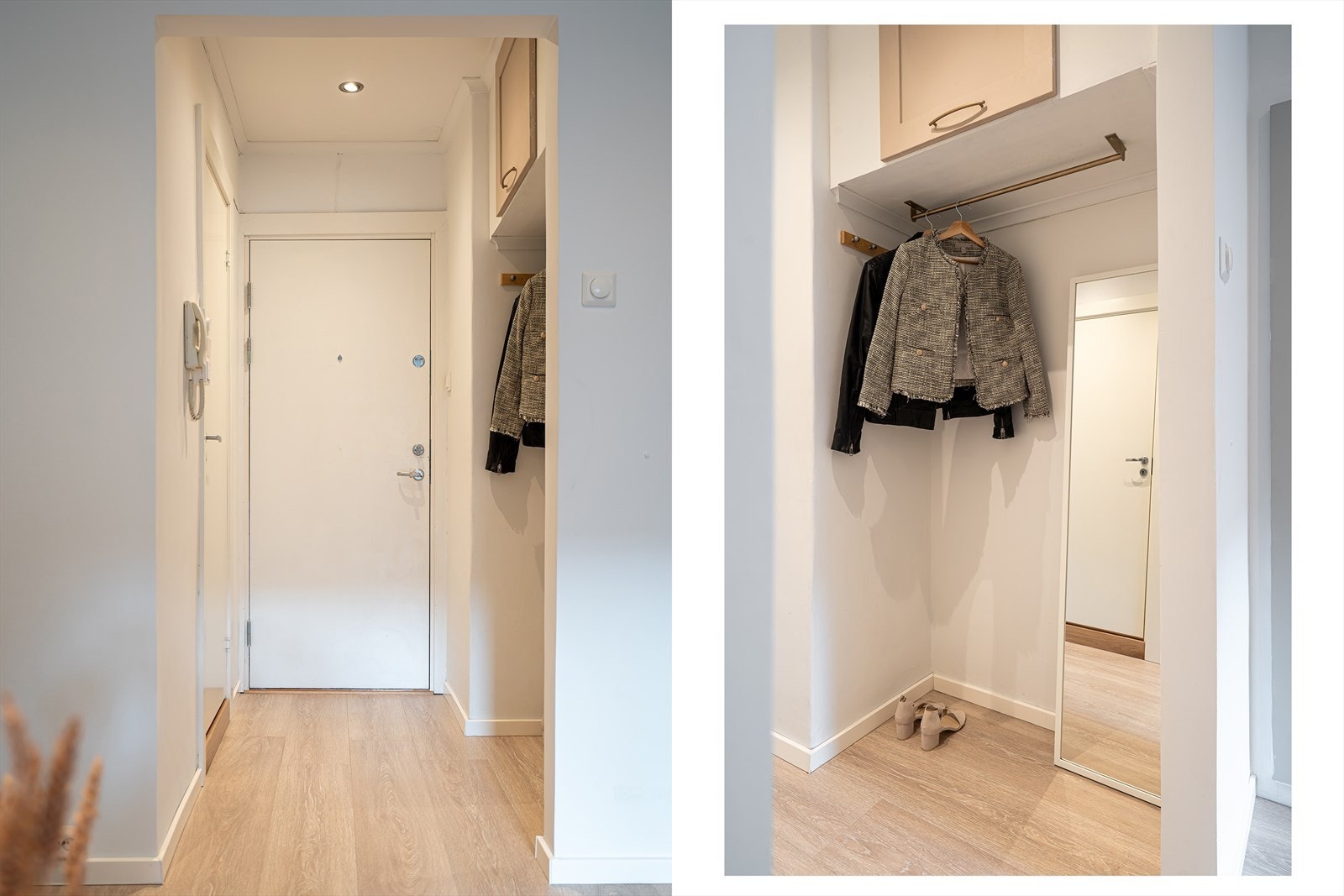 En lys og innbydende entré med praktisk garderobeløsning for yttertøy. Med dør-calling slipper du gjestene enkelt inn fra gateplan. Galleribilde