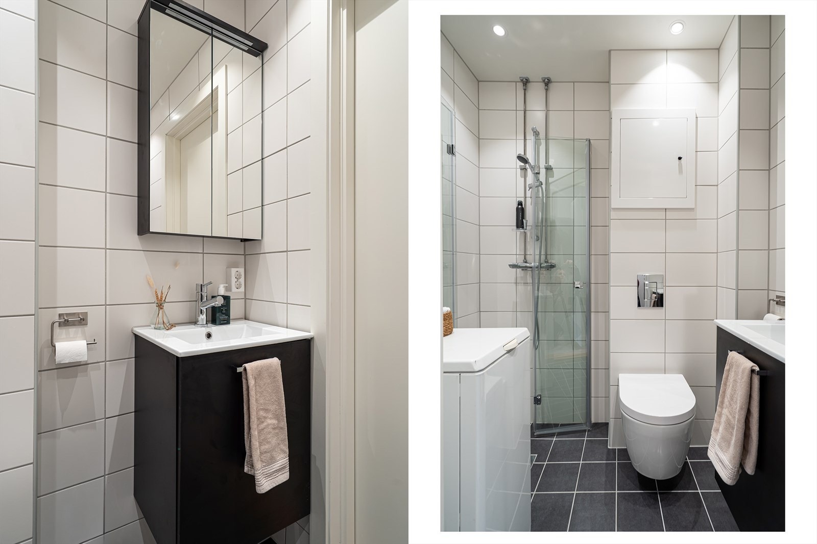 Pent flislagt bad med opplegg for vaskemaskin. Badet ble renovert i regi av sameiet i 2022. Galleribilde