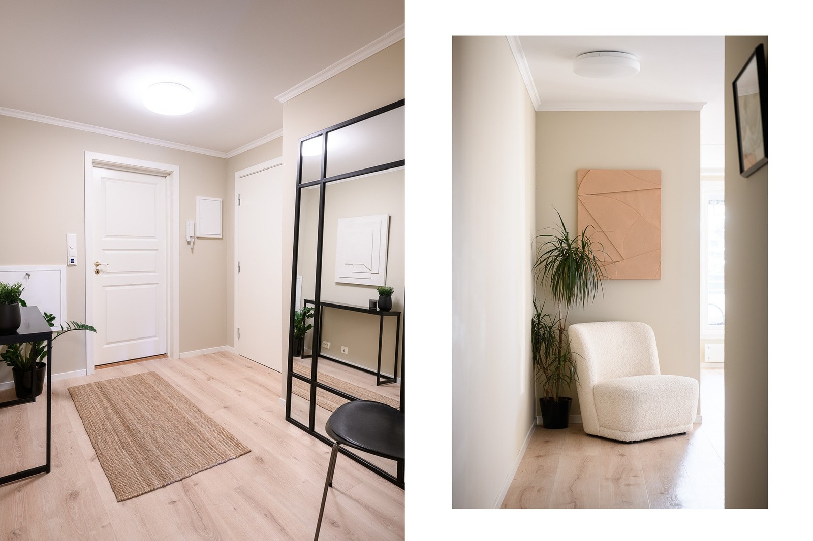 Allerede i entréen får du et godt inntrykk av leilighetens moderne standard og dekorative innredning. Her kommer du inn til et særdeles romslig inngangsparti som er praktisk utformet med god plass til knagger, kommoder eller lignende. Galleribilde