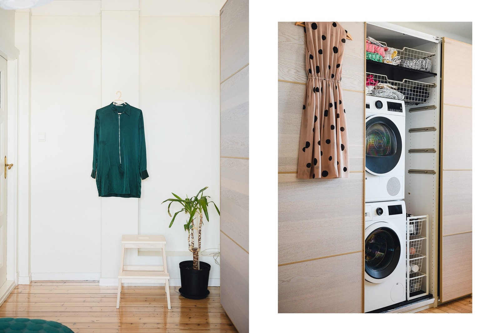 Smart skyvedørsgarderobe med god lagringsplass samt opplegg for vaskemaskin og tørketrommel. Galleribilde