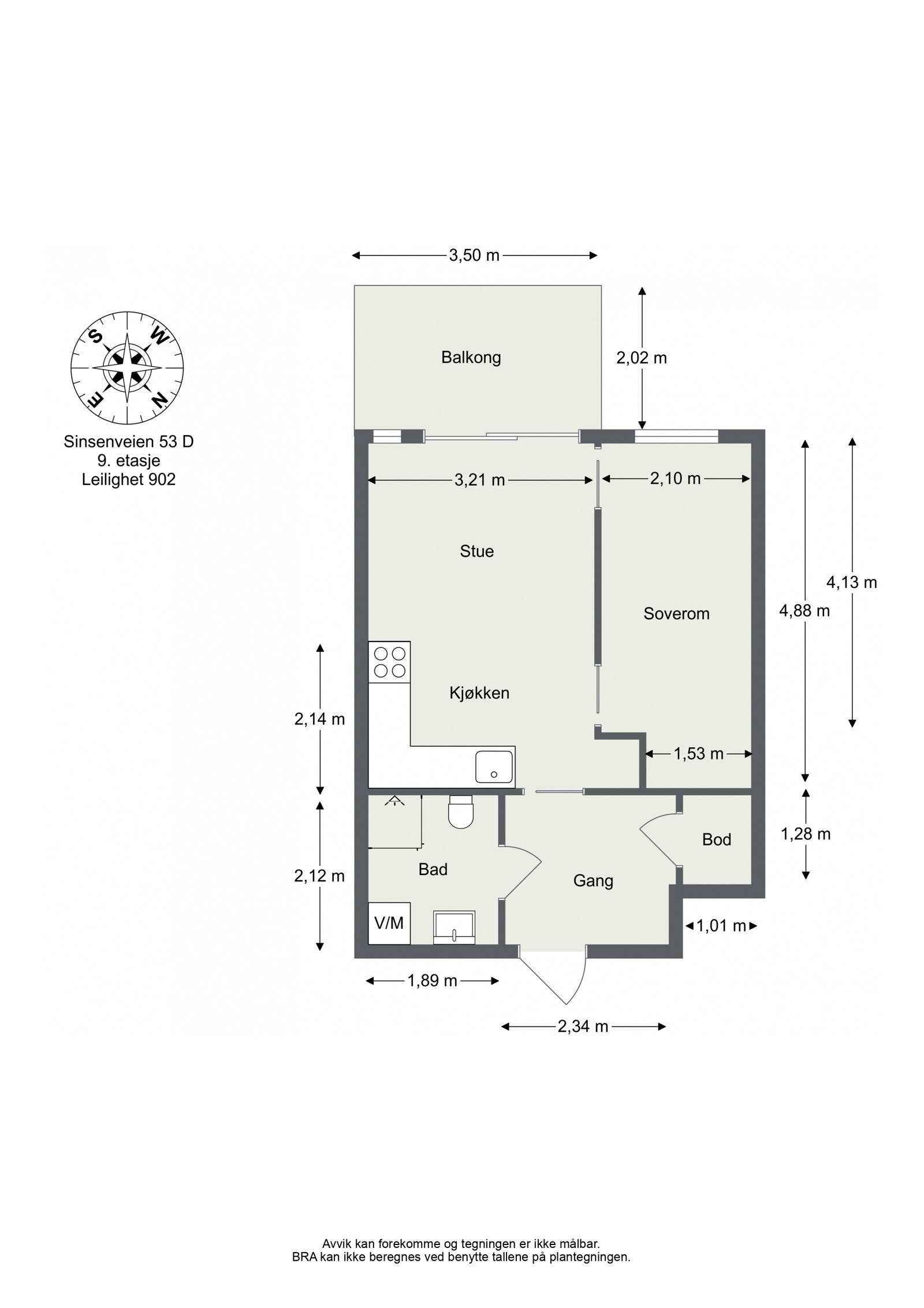 Plantegning. I tillegg disponerer leiligheten en kjellerbod på ca. 3m². Heis i bygget. Galleribilde