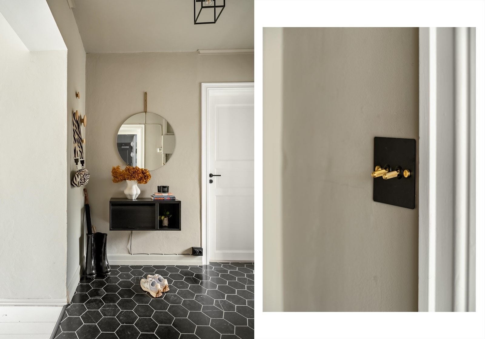 Det åpne og luftige inngangspartiet skaper et godt førsteinntrykk. Gangen har svarte marmorfliser i hexagonmønster fra Ulfven, og den vegghengte hyllen Hifive Slim er fra Northern. Galleribilde