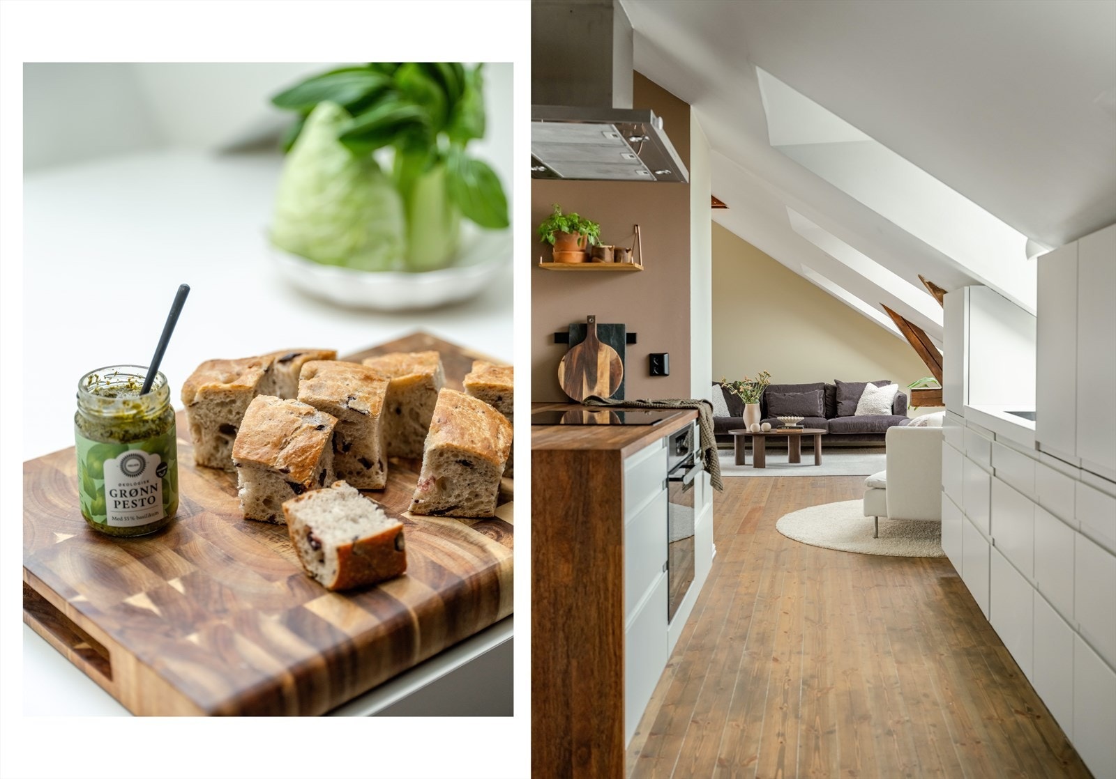 Integrert komfyr (2021) med induksjons platetopp, oppvaskmaskin (2022). Kjøleskap og fryser er i separate høyskap som gir ekstra godt med plass. Galleribilde