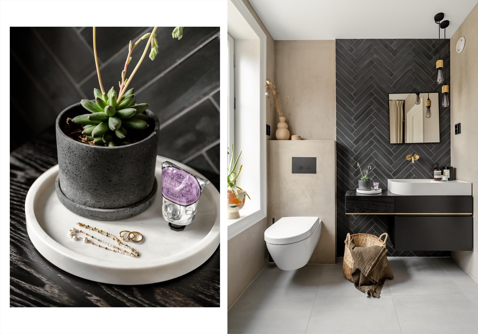 Spennende kontraster gir rommet et flott særpreg. Det er i kombinasjon med fliser benyttet sparkelmaling fra Kabric på vegger. Armatur/servantbatteri over vask er fra VOLA. Pendellamper fra Buster and punch Galleribilde