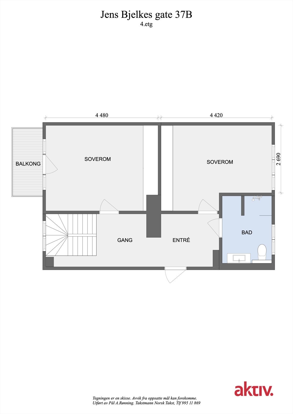 Planskisse. Utover leilighetens interne areal disponerer leiligheten en kjellerbod på ca 5,4 m2 og en bod med adkomst fra felles trappeoppgang mellom 4.- og 5. etasje på ca 3,0 m2. Galleribilde