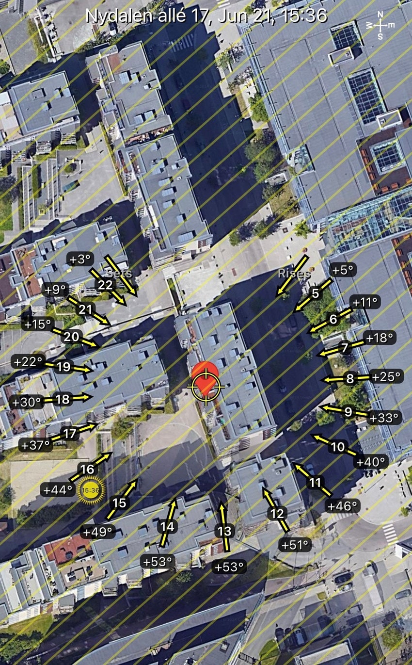 Det er en grunn til at vi har valgt å kalle dette for Nydalens solside! Som du ser av solkartet kommer solen forbi nabobygget fra ca. midt på dagen og du har solen godt utover kvelden. Galleribilde