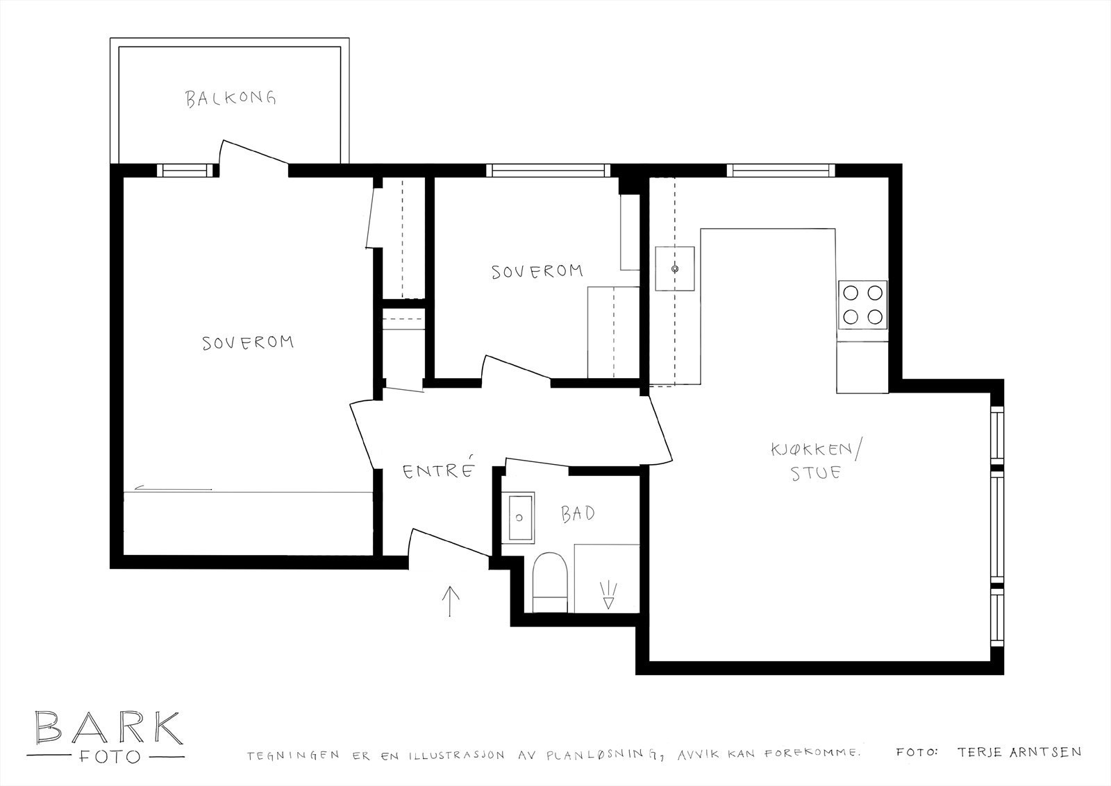 Plantegning: Gang, bad/vaskerom, 2 soverom, stue og kjøkken, samt balkong Galleribilde