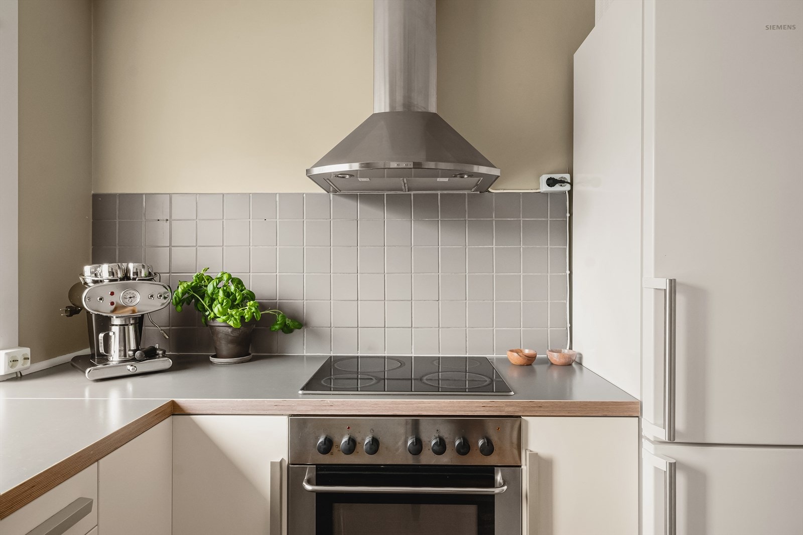 Av hvitevarer har man keramisk platetopp, integrert stekeovn, frittstående kjøleskap og opplegg for oppvaskmaskin Galleribilde