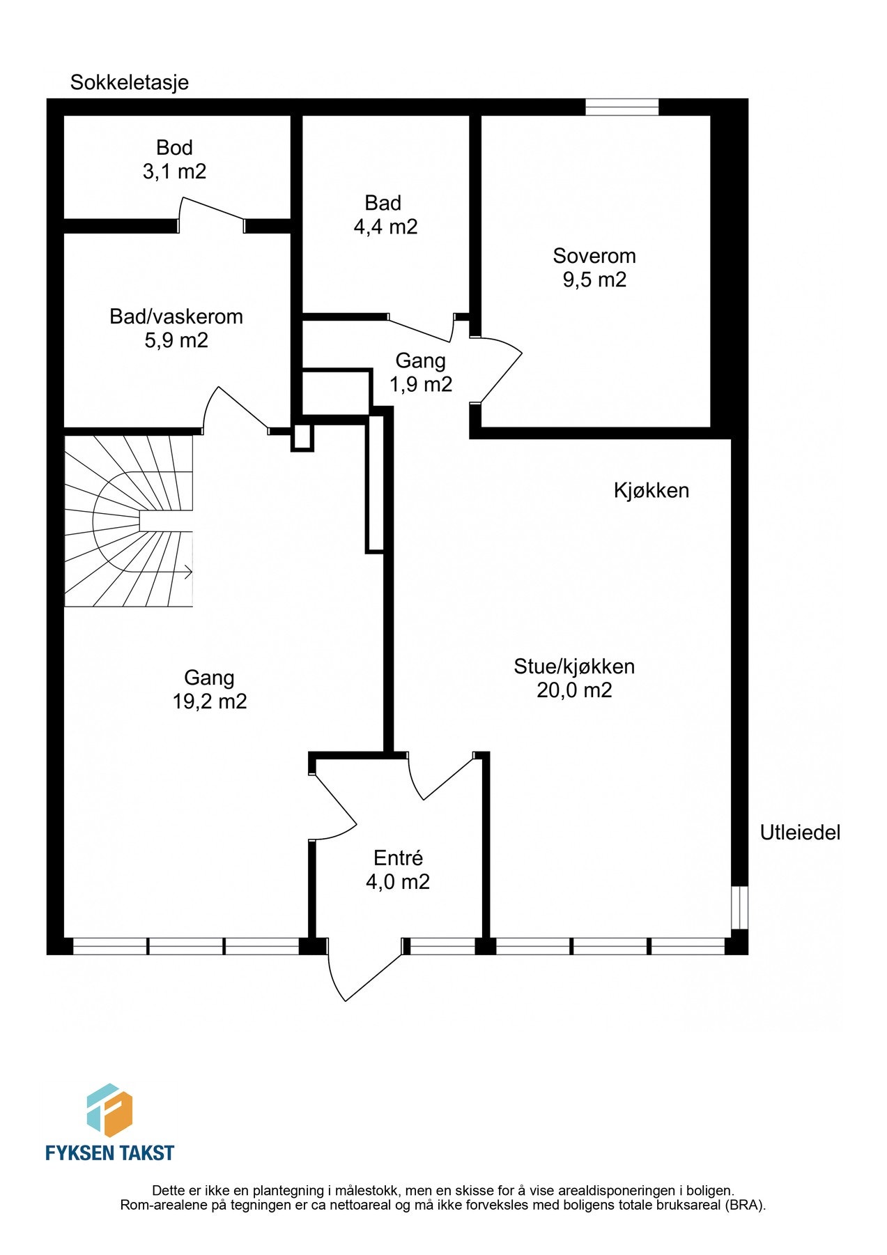 Plantegning over boligens sokkeletasje. Her er det også egen utleiedel med en månedlig inntekt på kroner 6.000,- Galleribilde