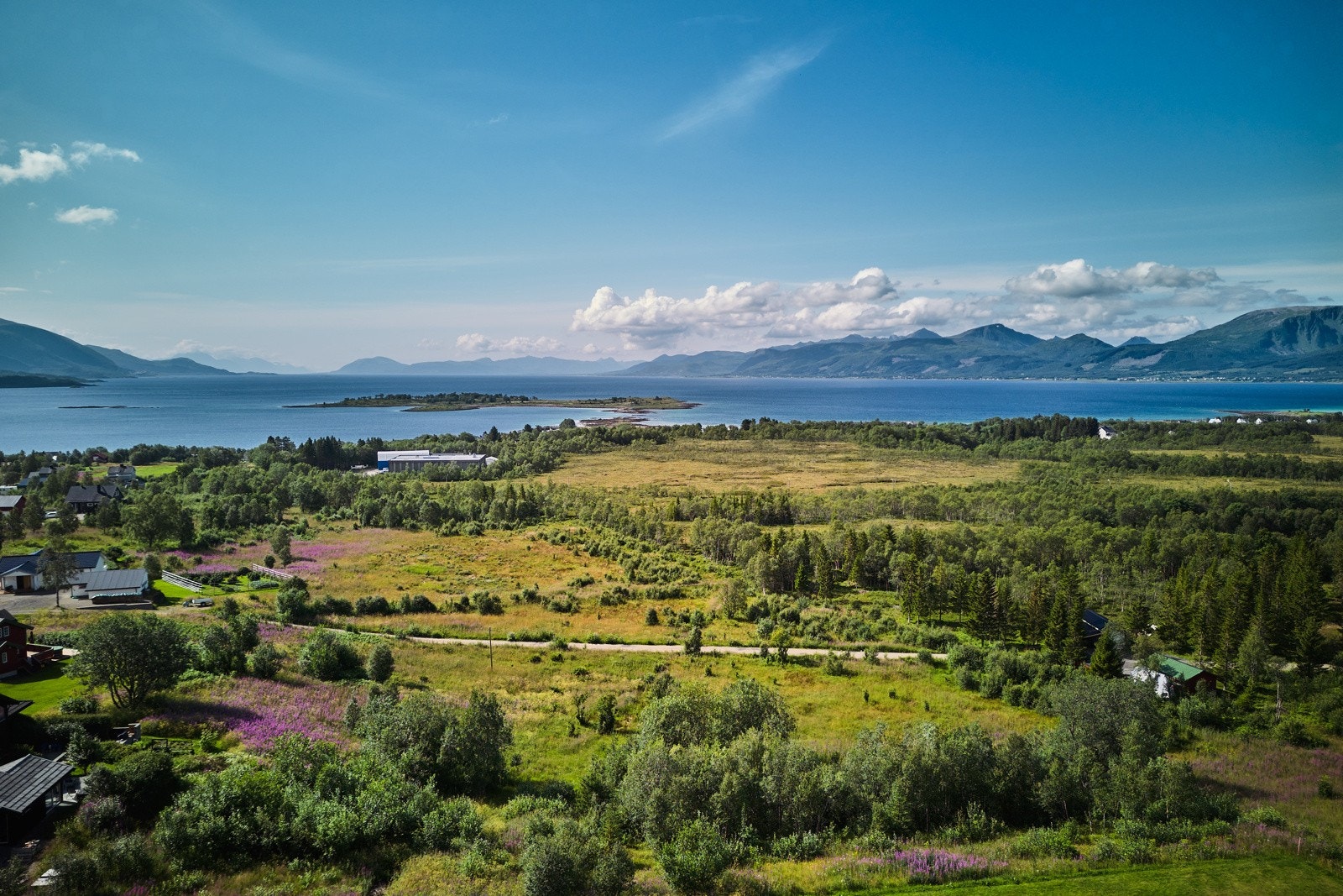 Flott utsikt mot sjø og fjell. Galleribilde