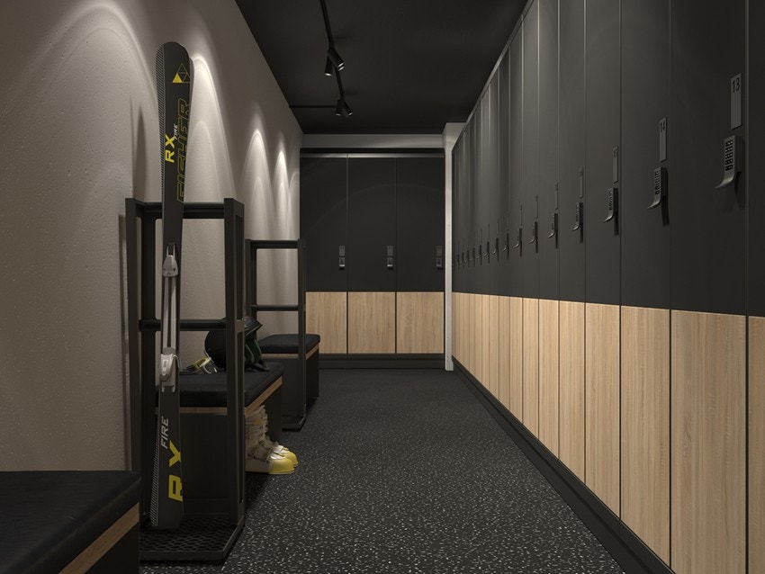 Illustrasjon fra skirommet. Her er det låsbare skiskap med plass til 8 par ski og med tørking for 8 par skistøvler.