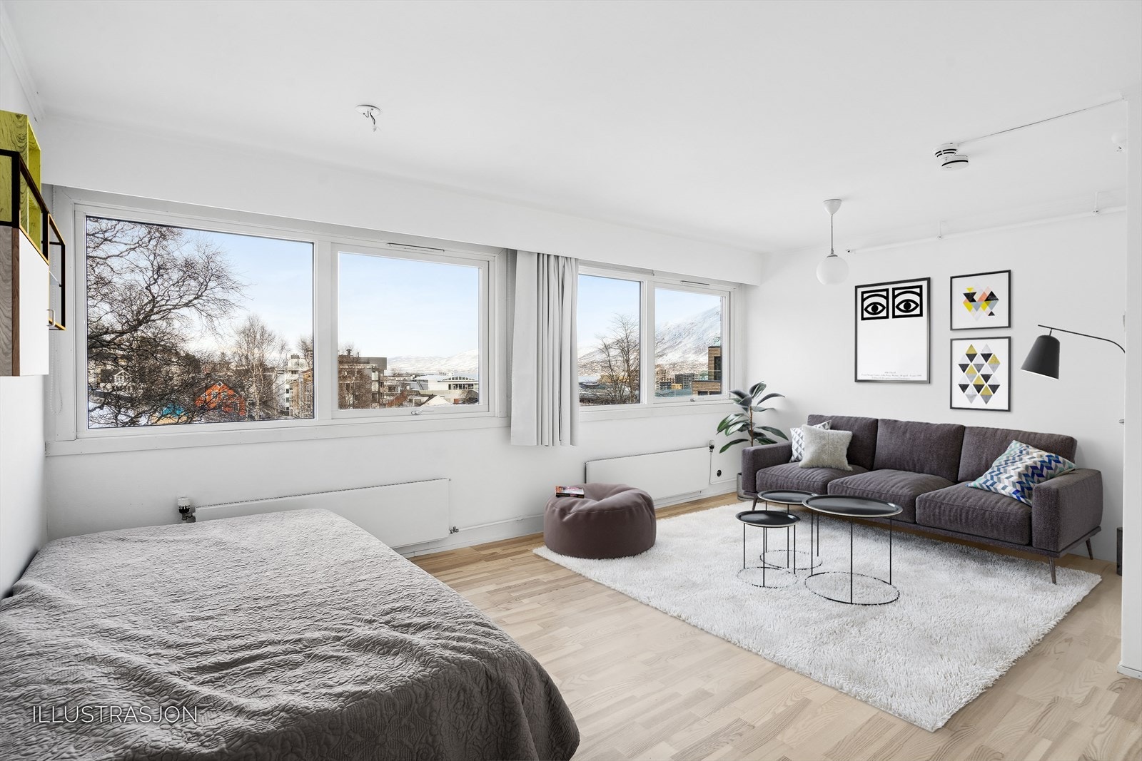 Lys stue med god utsikt mot deler av sentrum mot nord og Kongeparken som ligger like ved. (Bildet er digitalt møblert) Galleribilde