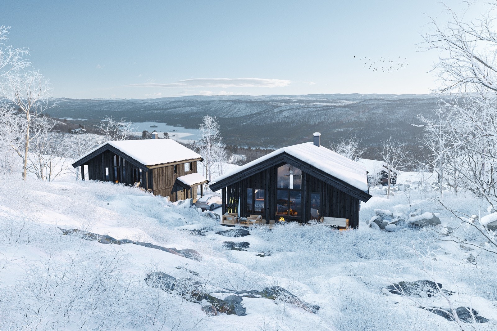 Det er mulig å bygge to hytter på tomten med utsikt over Skurdalsvannet (illustrasjon fra nabotomt) Galleribilde