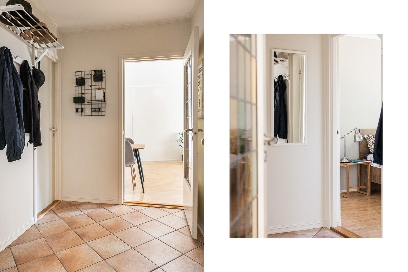 Entré med flislagt gulv og lyse veggoverflater. Galleribilde