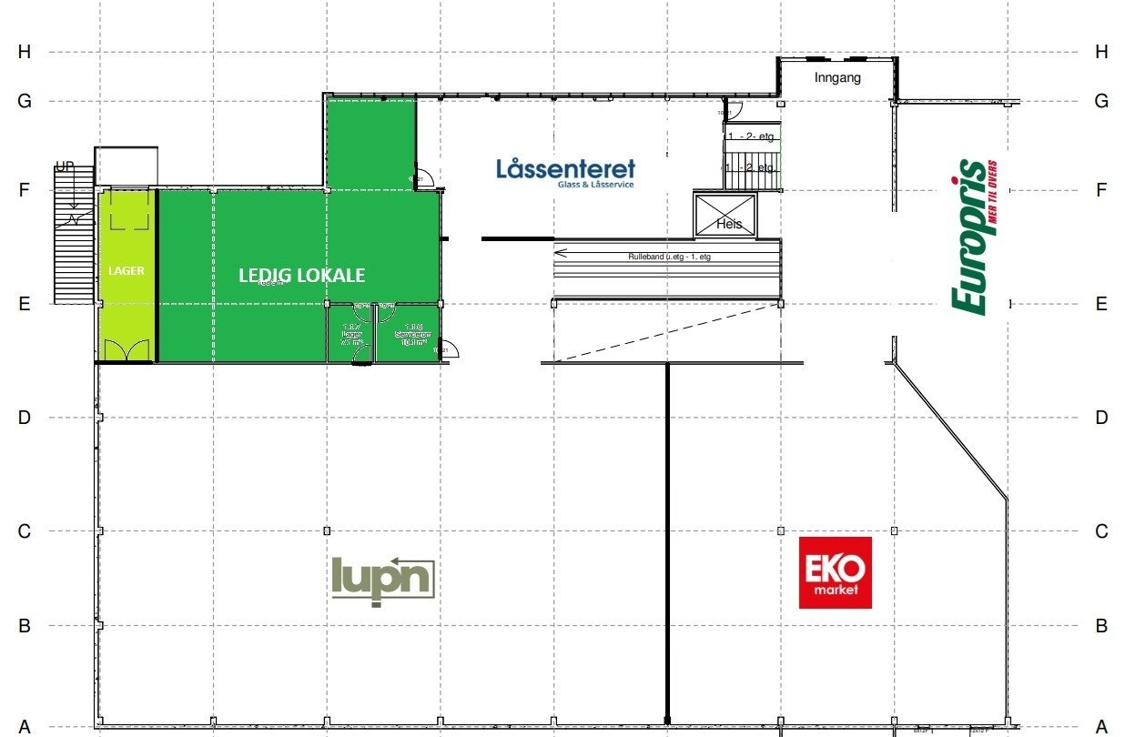 LEDIG! Lokalet merket mørkegrønt kan skreddersys leietaker, og vegg mot rulletrapp kan åpnes. Dette vil da være det første lokalet kunder møter når de kommer fra parkeringsanlegget. Vi ser for seg å lage et delt lager/mottaksområde i bakgrunn. Galleribilde