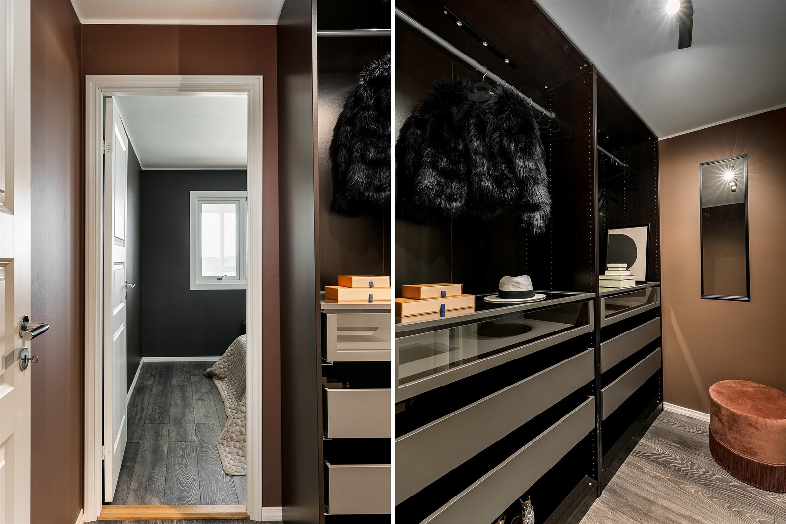 Hovedsoverommet har tilknyttet omkledningsrom med garderobeinnredning av typen Pax fra IKEA. Galleribilde