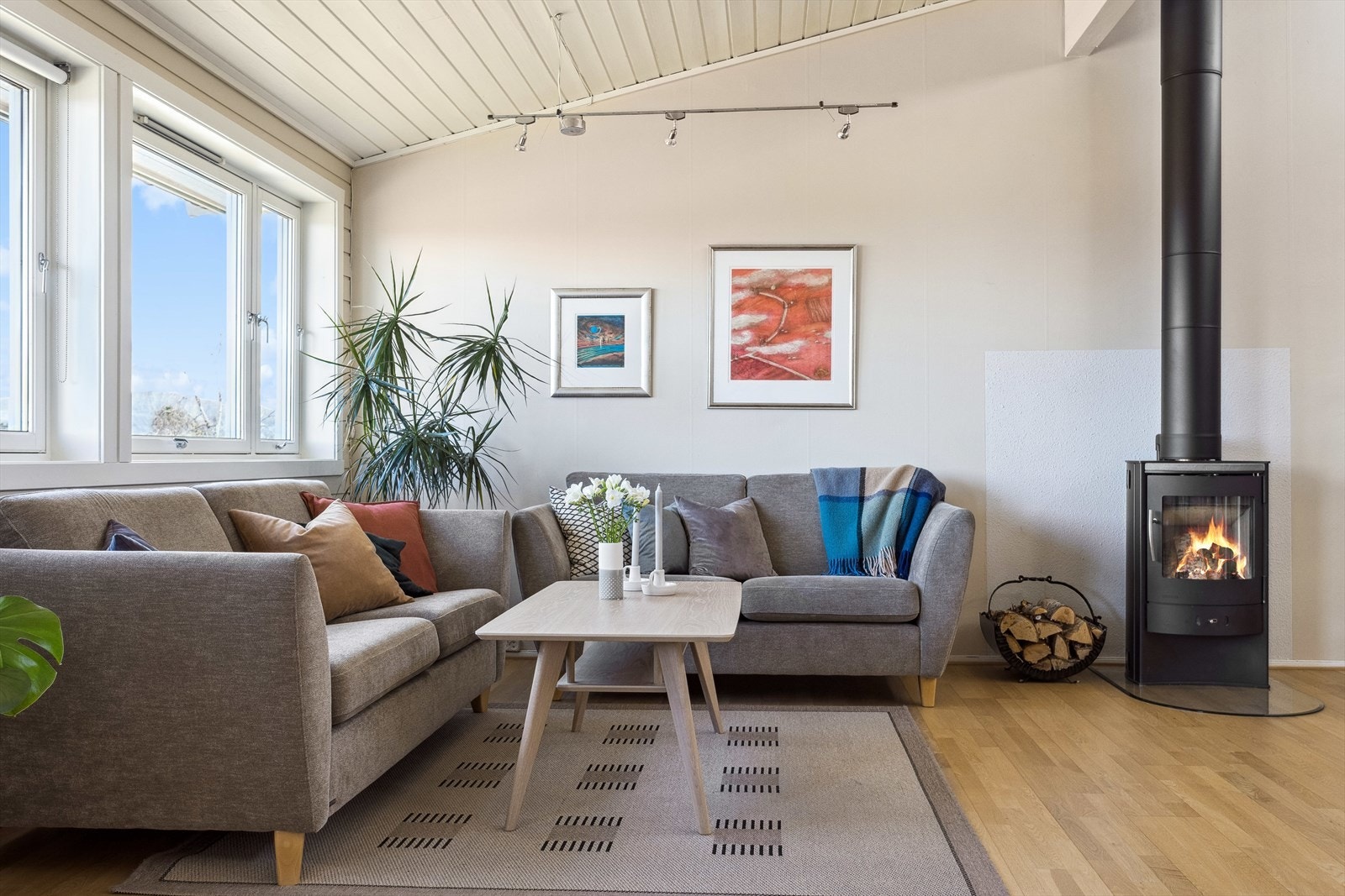 Boligen har peis for kaldere dager på vinterhalvåret. Galleribilde