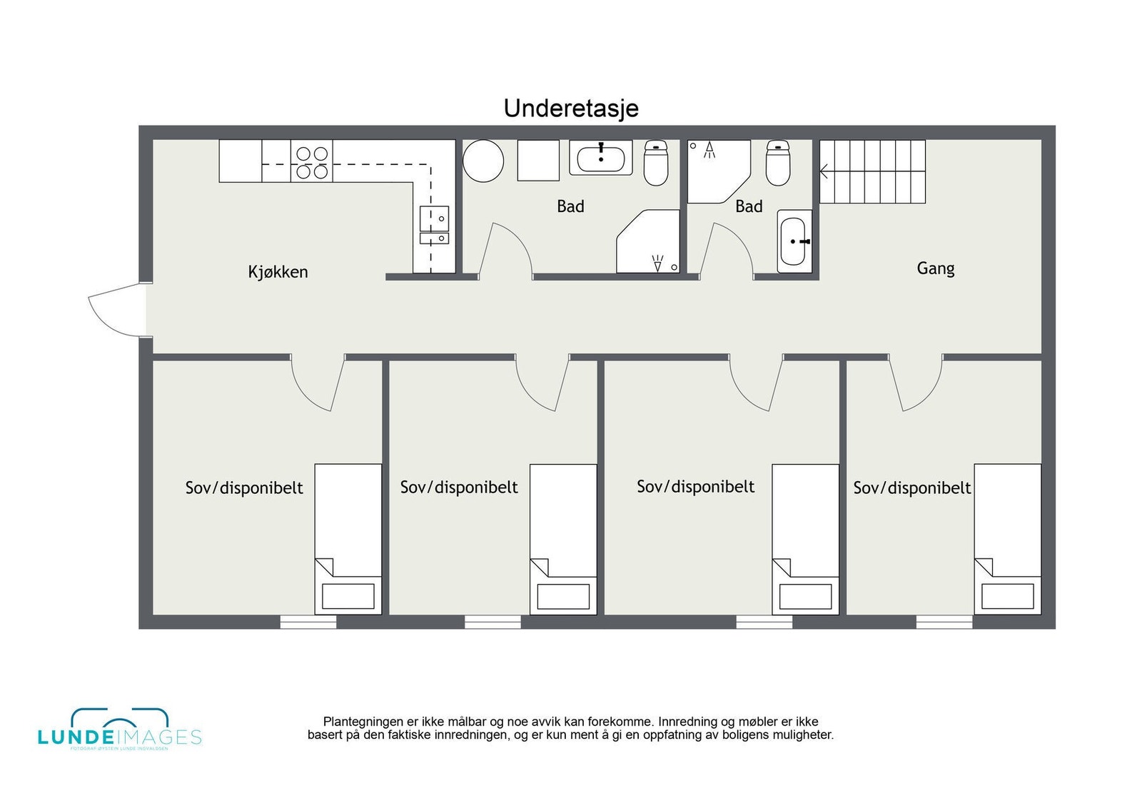 Plantegning underetasje - ikke målbar - boligens underetasje har et BRA på 88 kvm, og er innredet som 4 hybelrom (ikke godkjent), i tillegg til kjøkken, to bad og gang. Galleribilde