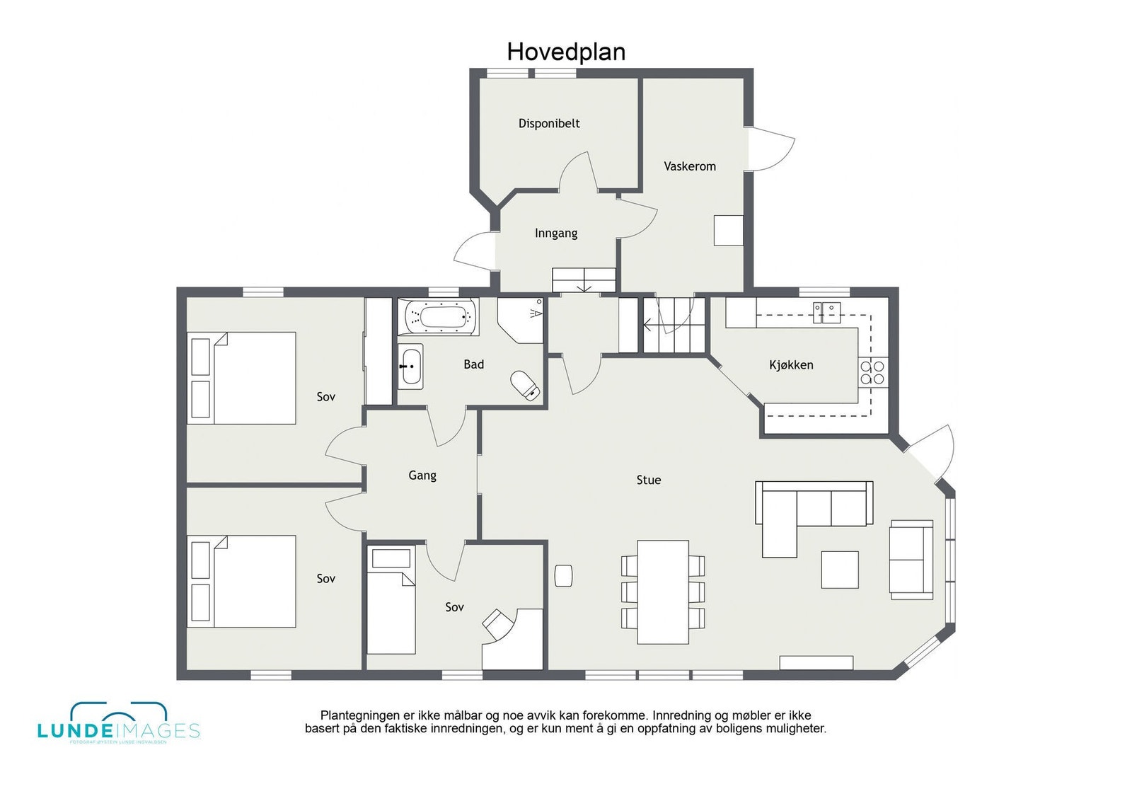 Plantegning hovedplan - ikke målbar - hovedplanet har et BRA på 129 kvm. Galleribilde