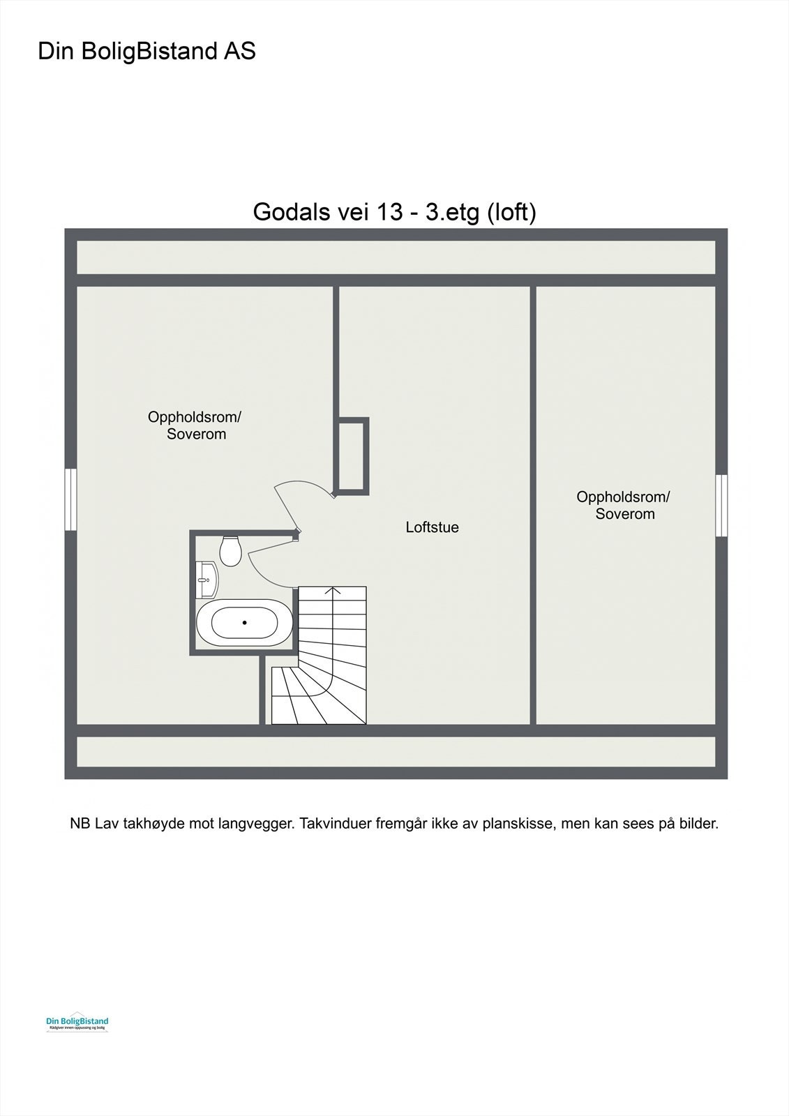 Planskisse: 3 etg./loft 34 kvm (gulvareal er oppmålt til ca. 70 kvm): To soverom/oppholdsrom, loftstue, bad og trapp. Galleribilde