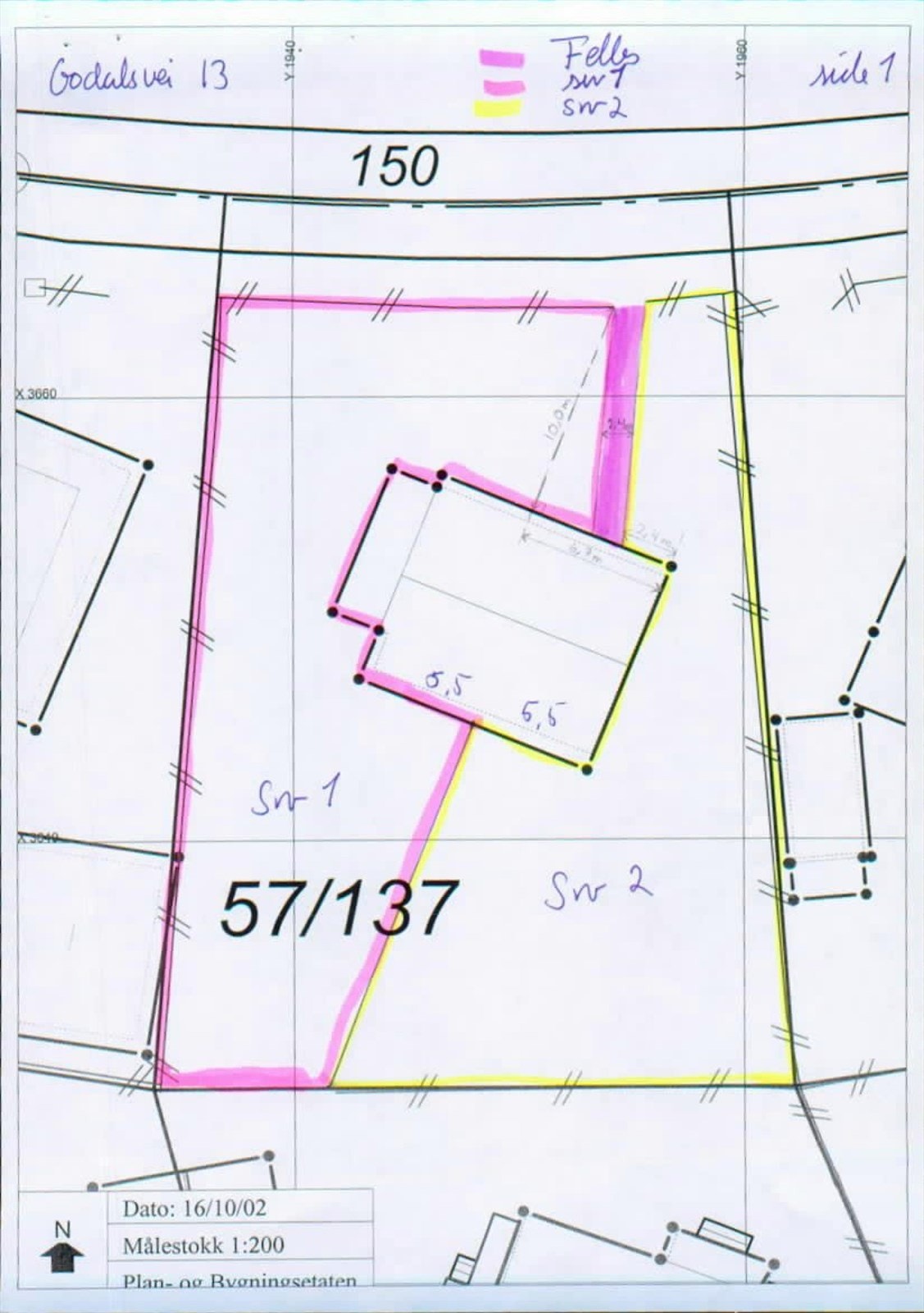 Oversikt fordeling utearealene. Denne seksjonen disponerer arealet som er markert i gul (snr. 2). Galleribilde