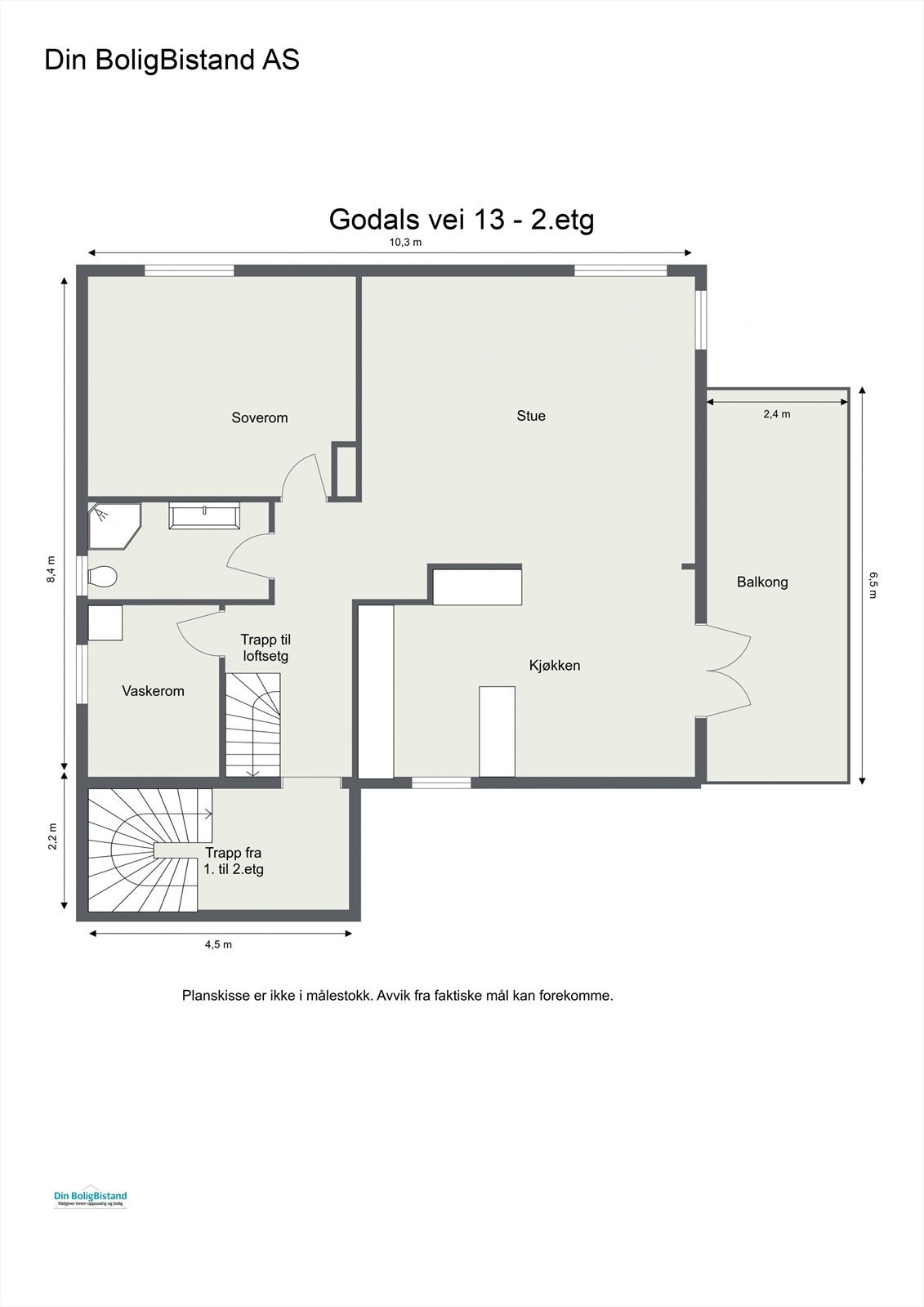Planskisse: 1 etg. 6 kvm: Egen inngang bestående av hall og trapperom. 2. etg. 96 kvm BRA: Gang, trapp, stue, kjøkken med utgang til den vestvendte terrassen, soverom, bad, vaskerom/soverom og trapp til loft. Galleribilde