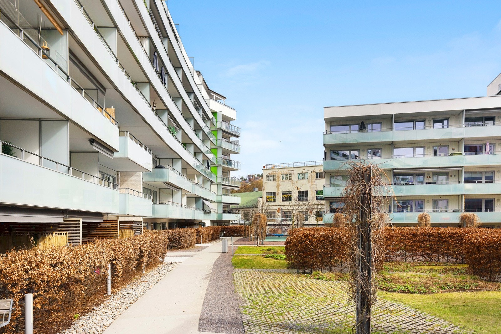Velstelte fellesarealer som inkluderer store, grønne områder med beplantning og hyggelige sittegrupper Galleribilde