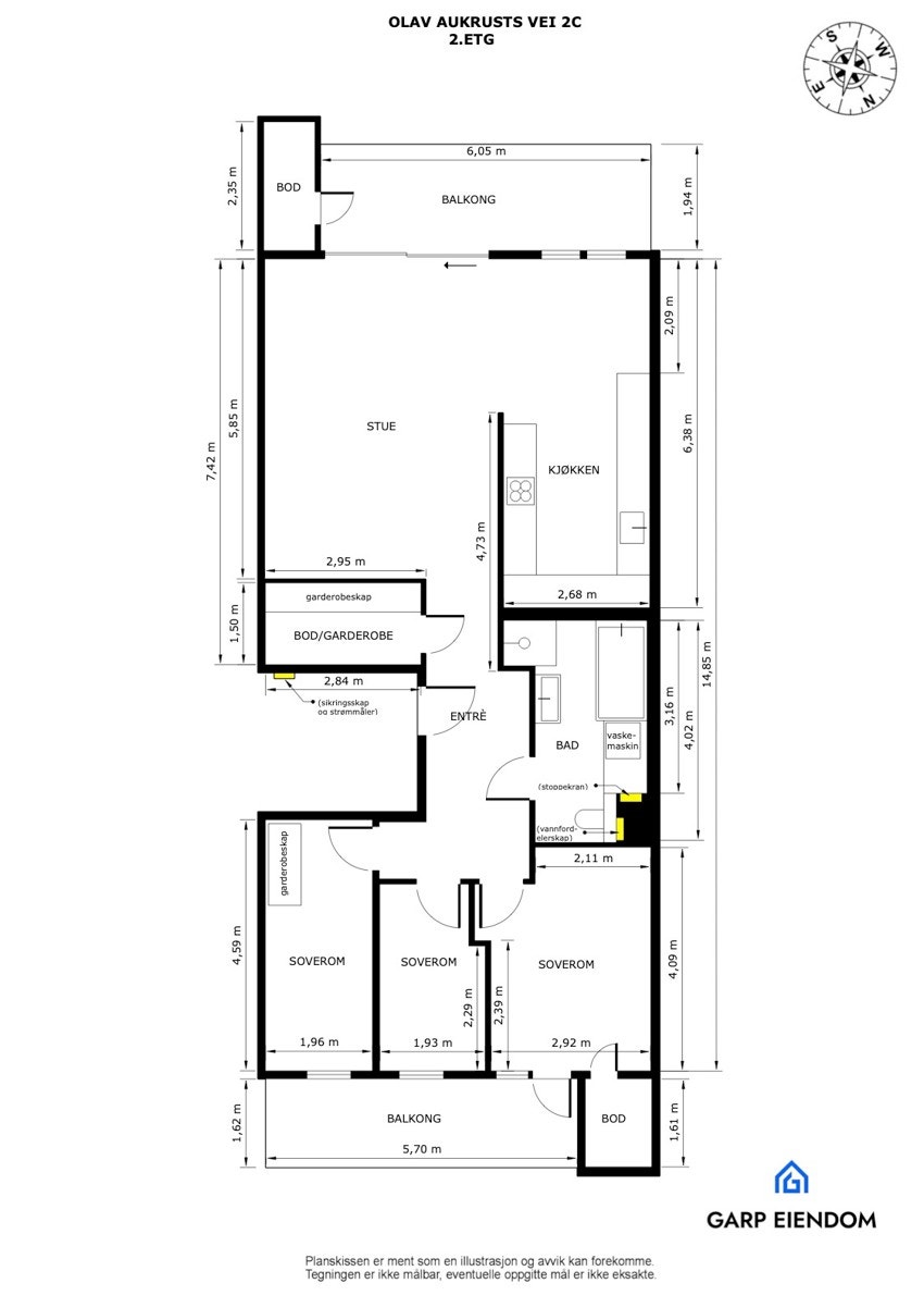Leiligheten ligger i byggets 2.etasje og består av entré, stue, kjøkken, 3 soverom, bad og 3 boder Galleribilde