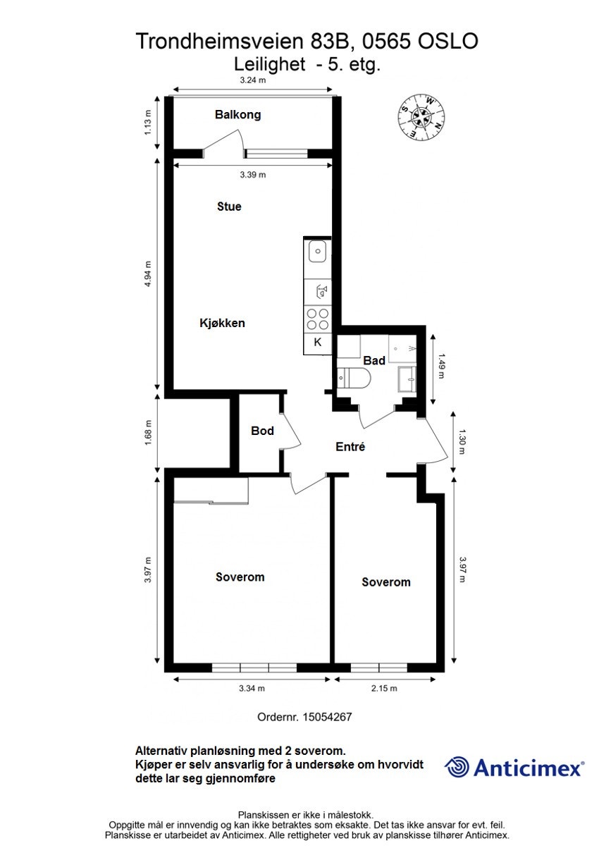 Dersom du har behov for to soverom, har jeg lagt ved en alternativ skisse. Du må selv gjøre undersøkelser for hvordan og hvorvidt dette kan gjennomføres. Galleribilde