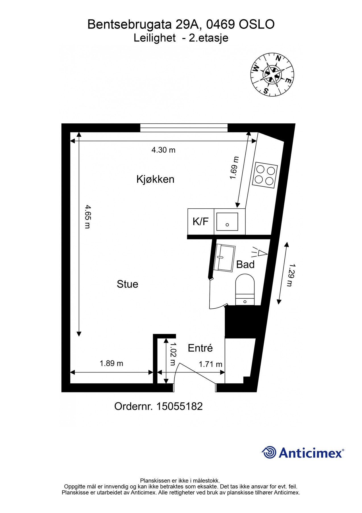 Plantegning. I tillegg disponerer leiligheten en kjellerbod på ca. 3m². Galleribilde