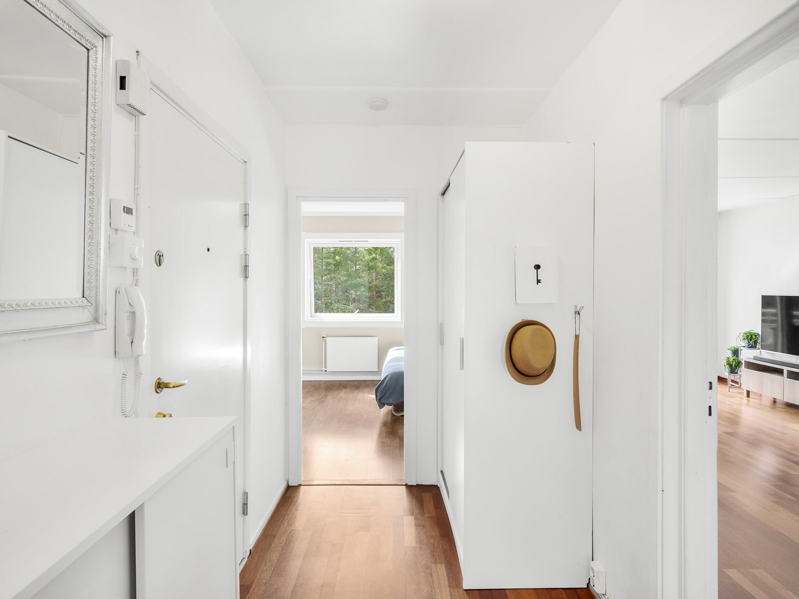 Entré med parkett på gulv, malte vegger og malt tak. Det er montert garderobeskap samt calling anlegg med døråpner som man kan enkelt slippe inn gjester. Galleribilde