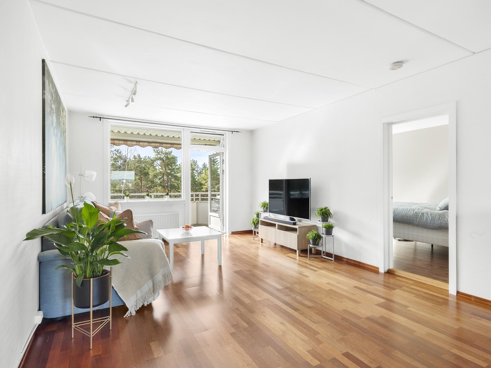 Lys og romslig stue med parkett på gulv, malte vegger og malt tak. Her er det god plass for både sofagruppe samt spisemøblement. Galleribilde