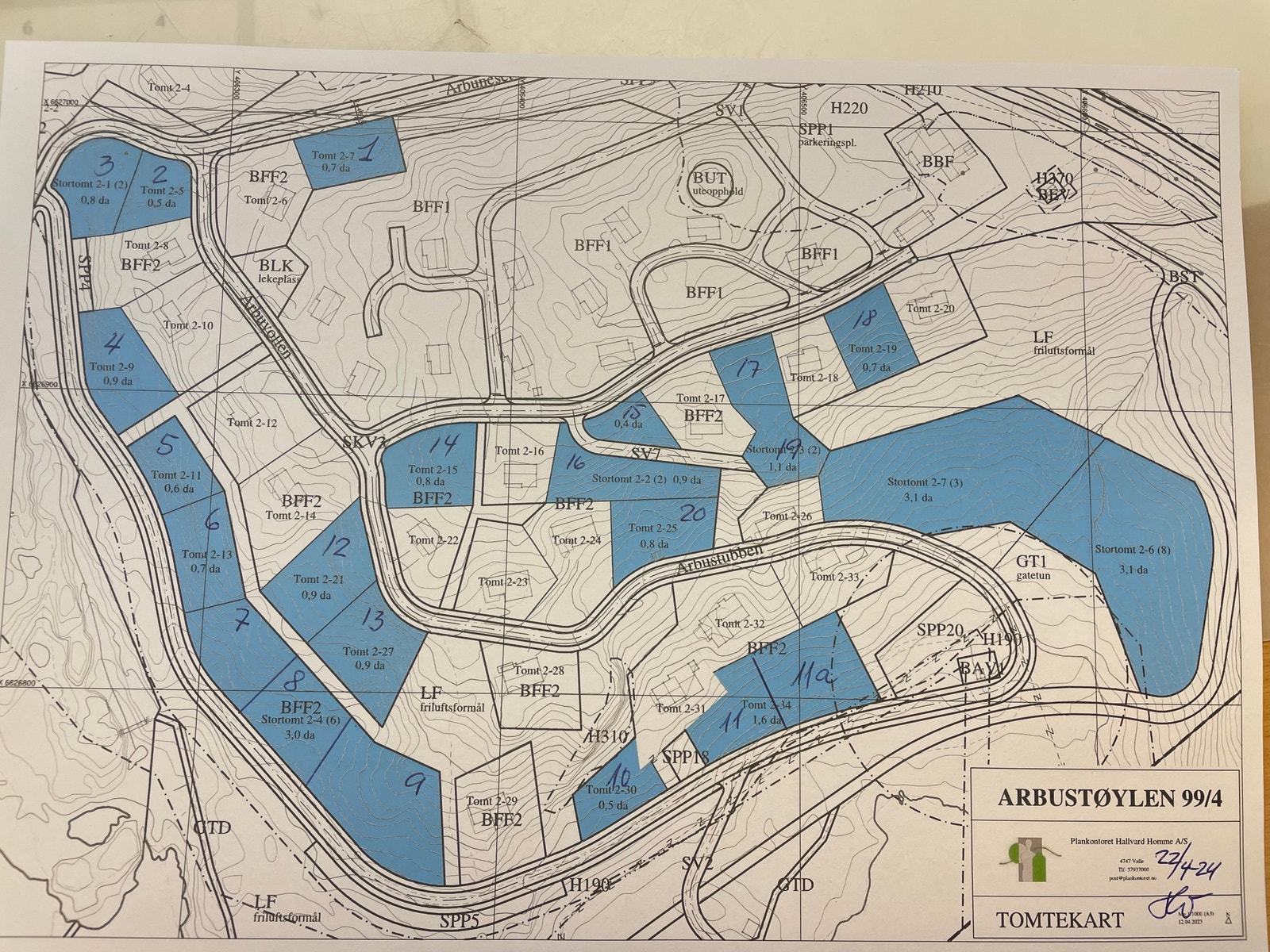 Reguleringskart med tomte-nummer (BLÅ tomter er nye) Galleribilde