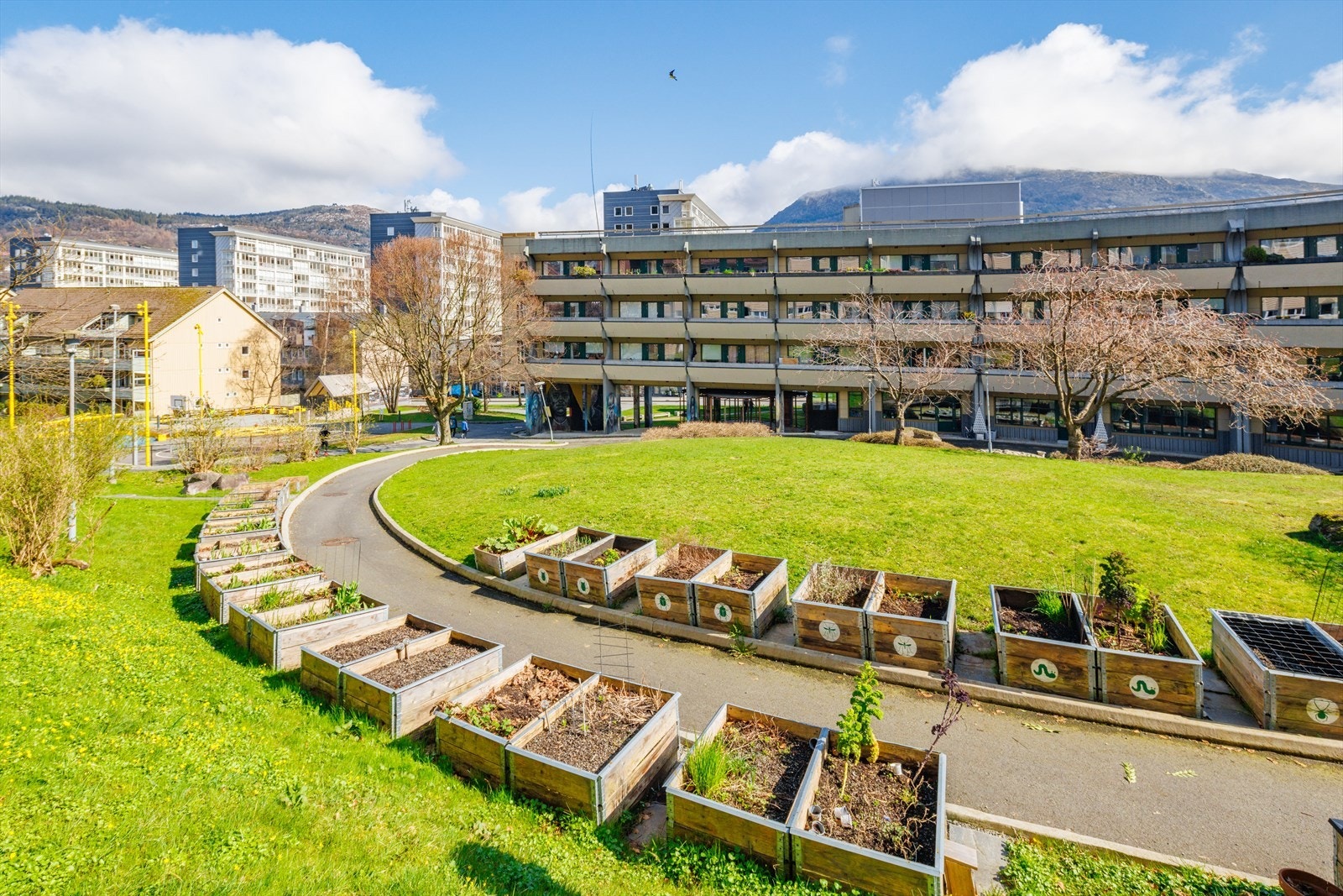 Borettslagets eiendom grenser mot Solheim Alderspensjonat med stort åpent grøntareal Galleribilde