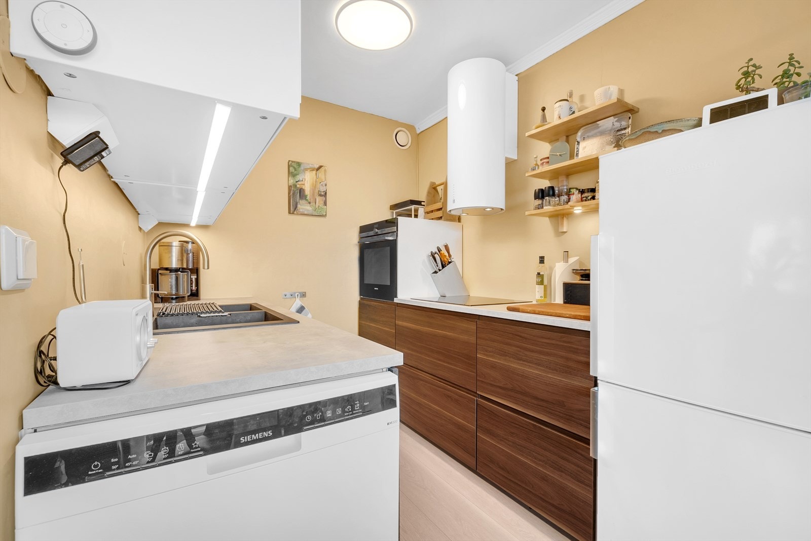 På kjøkkenet er det innfelte hvitevarer som koketopp, stekeovn, frittstående kjøleskap og oppvaskmaskin. Galleribilde