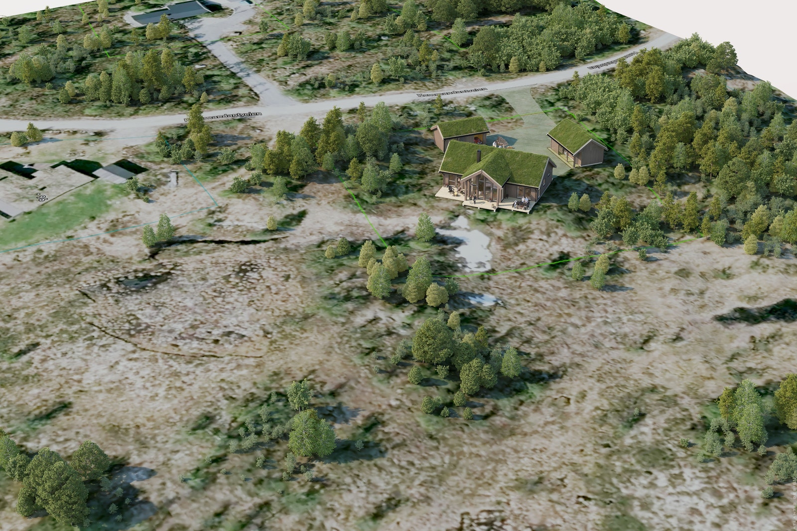 Hyttetunet tegnet inn på tomten. Galleribilde