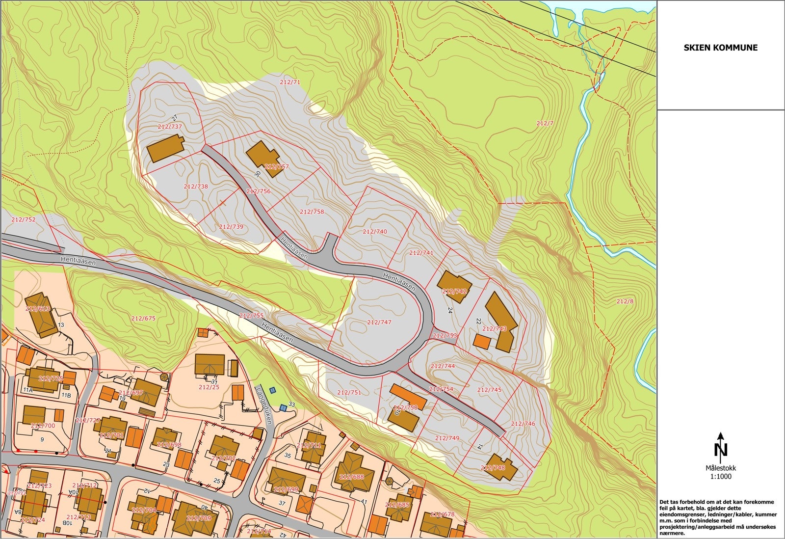 Situasjonskart som viser tomteinndeling. For orientering: Tomt nr 1 har adressen Hentiåsen nr 27. Galleribilde