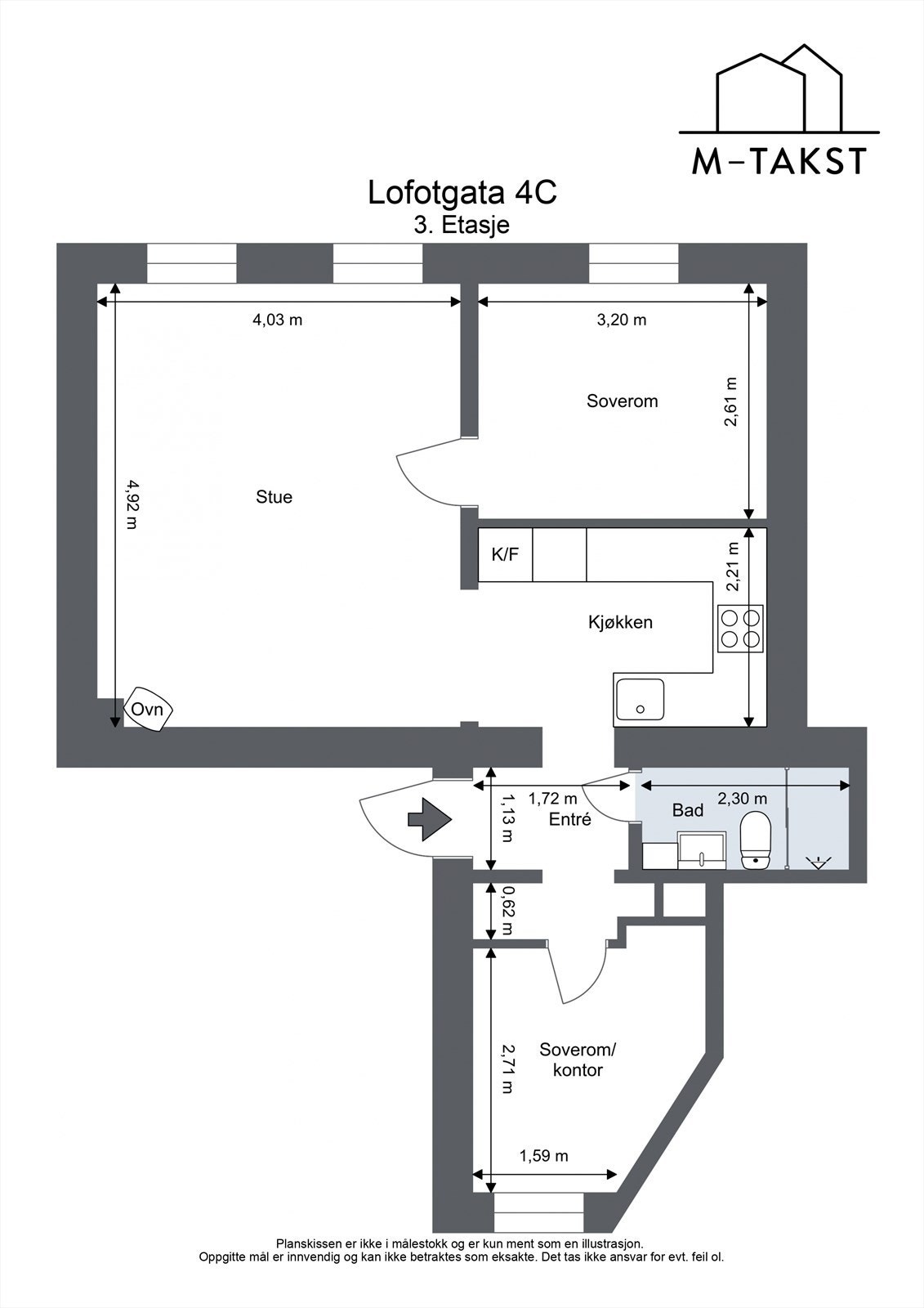 God planløsning som fordeles på følgende måte: Entré, stue med åpen løsning mot kjøkken, to soverom og flislagt bad. Leiligheten disponerer en kjellerbod på ca. 3,8 m². Galleribilde