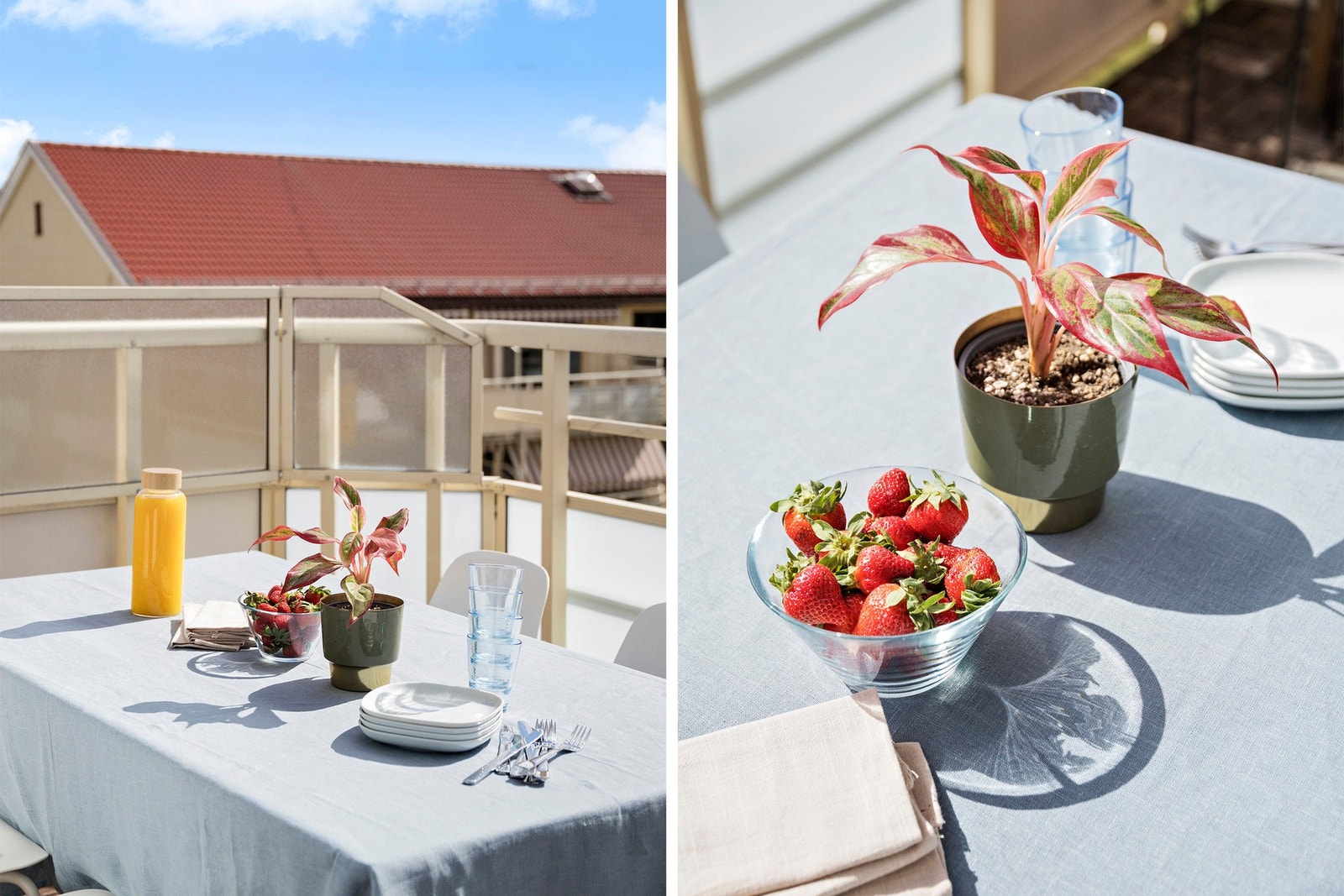 Balkongen er sørvendt og har gode solforhold med sol fra morgen til den går ned i 18/19-tiden på sommeren. Galleribilde