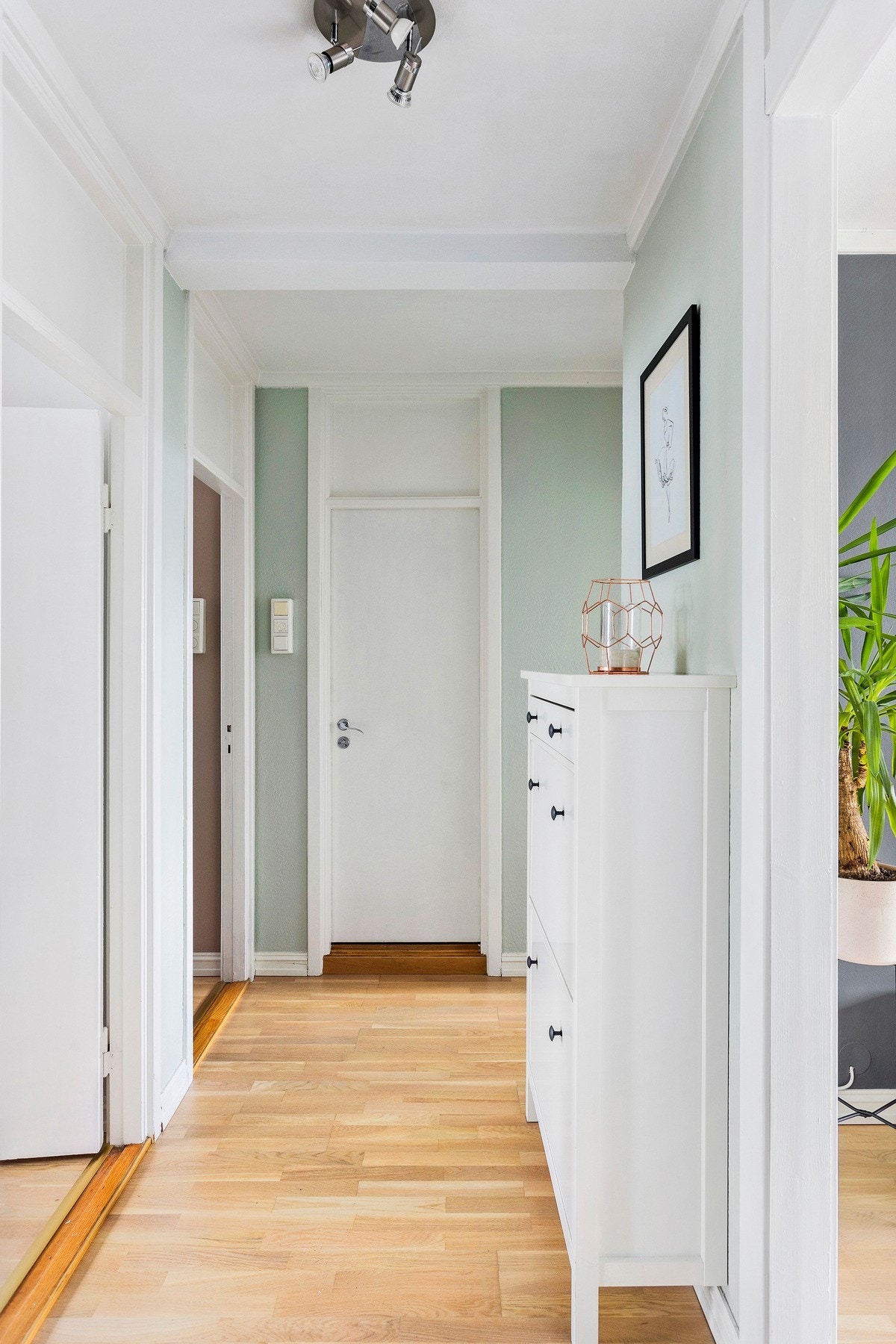 Lys entré med parkett på gulv og malte overflater. Callinganlegg ved inngangsdør. Galleribilde