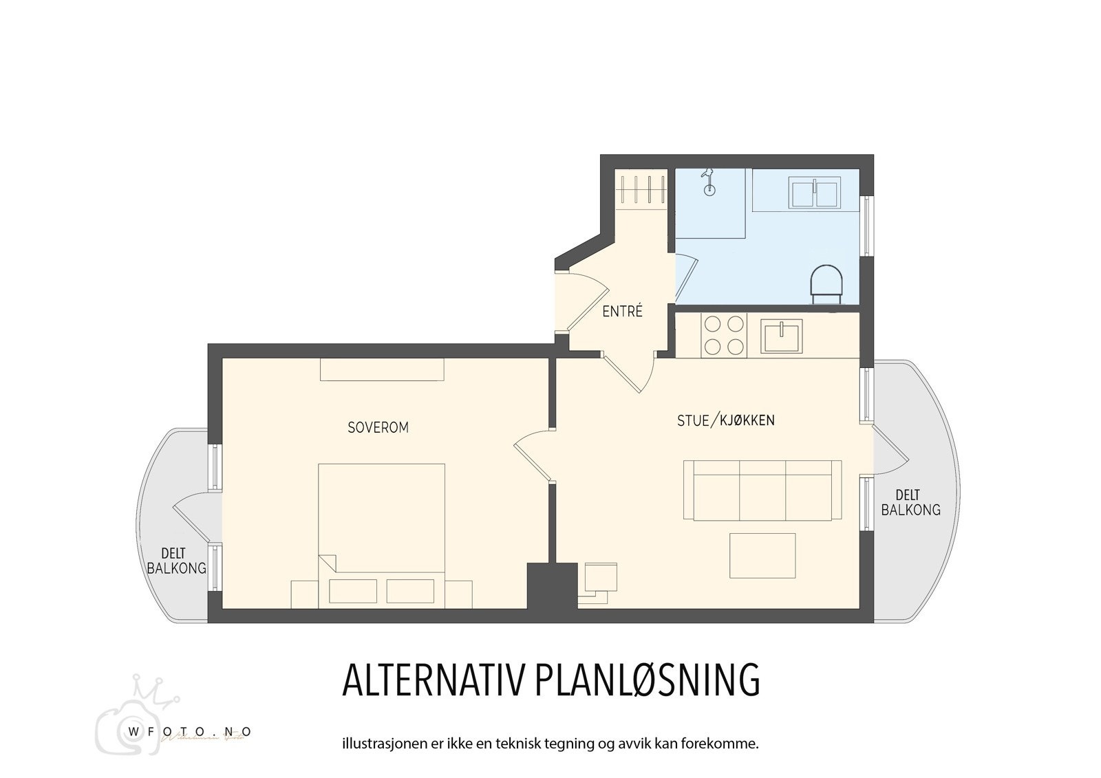 Alternativ planløsning. Tegningen er bare ment som en illustrasjon. Se under "Diverse" i salgsoppgaven for mer informasjon. Galleribilde