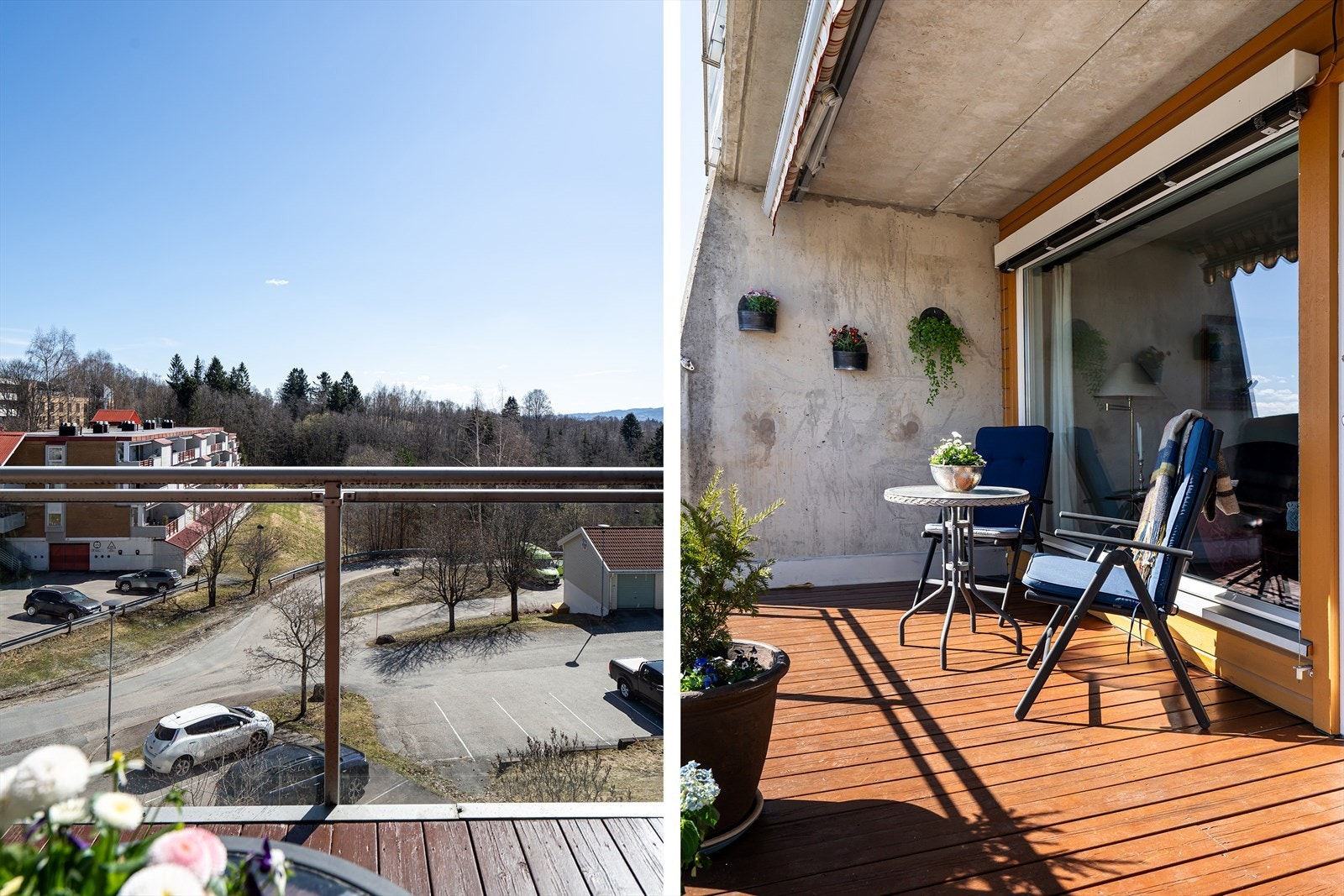 Terrassen har tregulv, tette vegger på sidene og et luftig rekkverk av glass i front. Galleribilde
