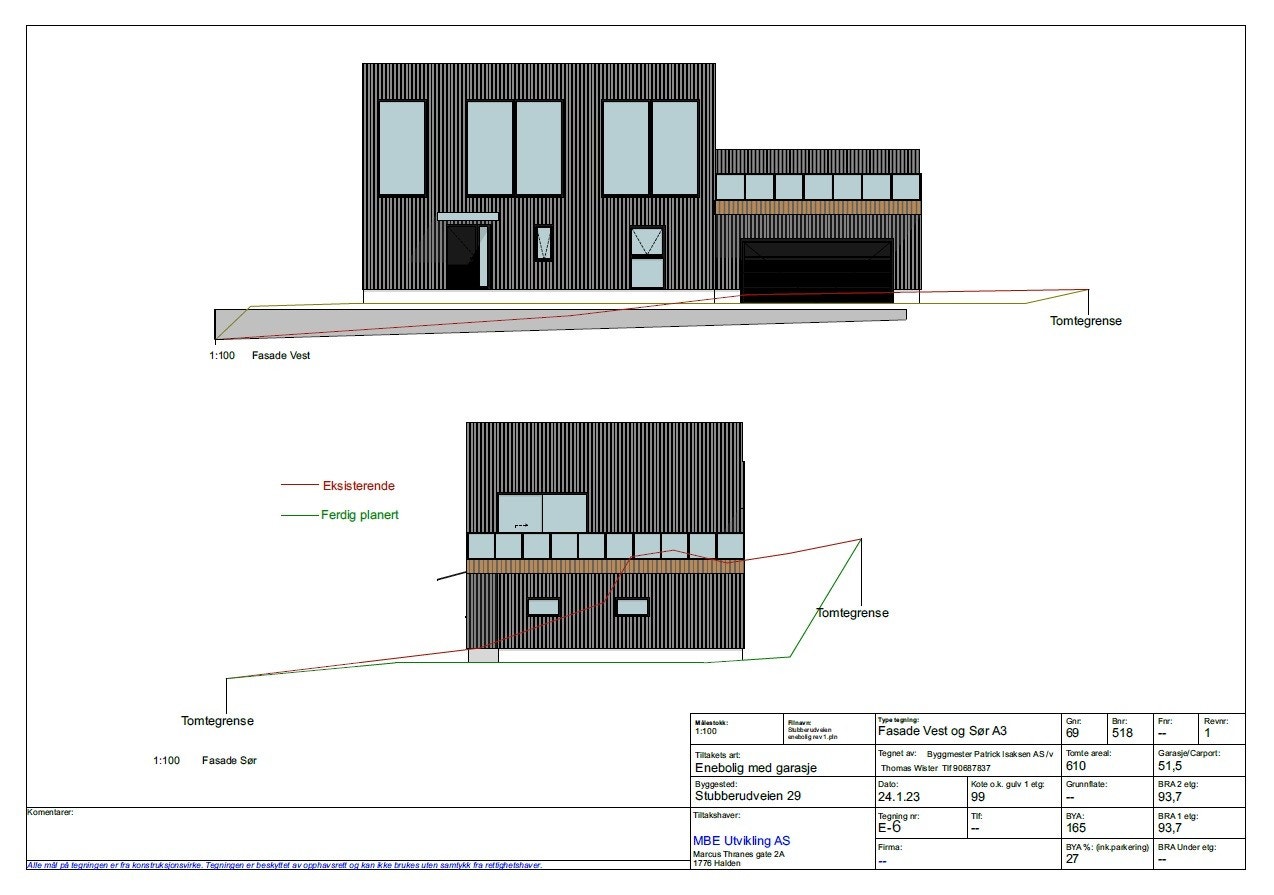 Selger har utarbeidet tegninger datert 24.01.2023 på en stilren og moderne enebolig over 2 etasjer på til sammen ca. 187 kvm. Boligen har integrert dobbelgarasje, 4 soverom, 2 stuer, 2 bad, eget vaskerom og stor terrasse/uteplass på 61,5 kvm. Galleribilde