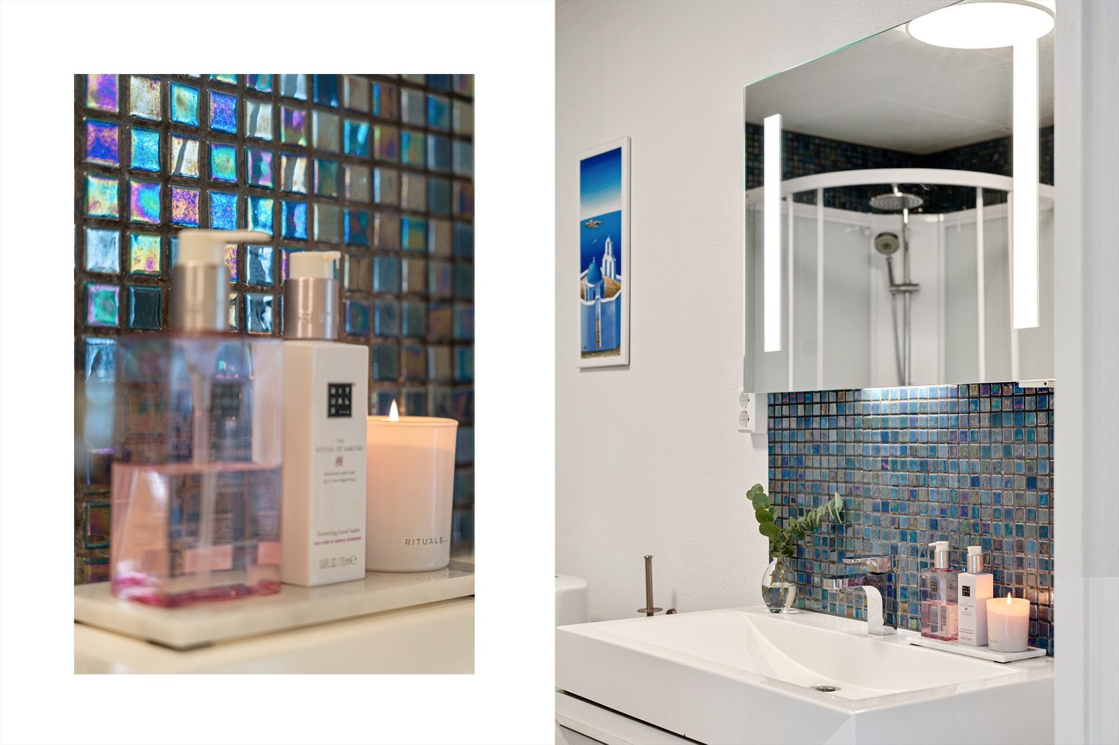 Badet inneholder dusjkabinett, innredning med servant og toalett Galleribilde