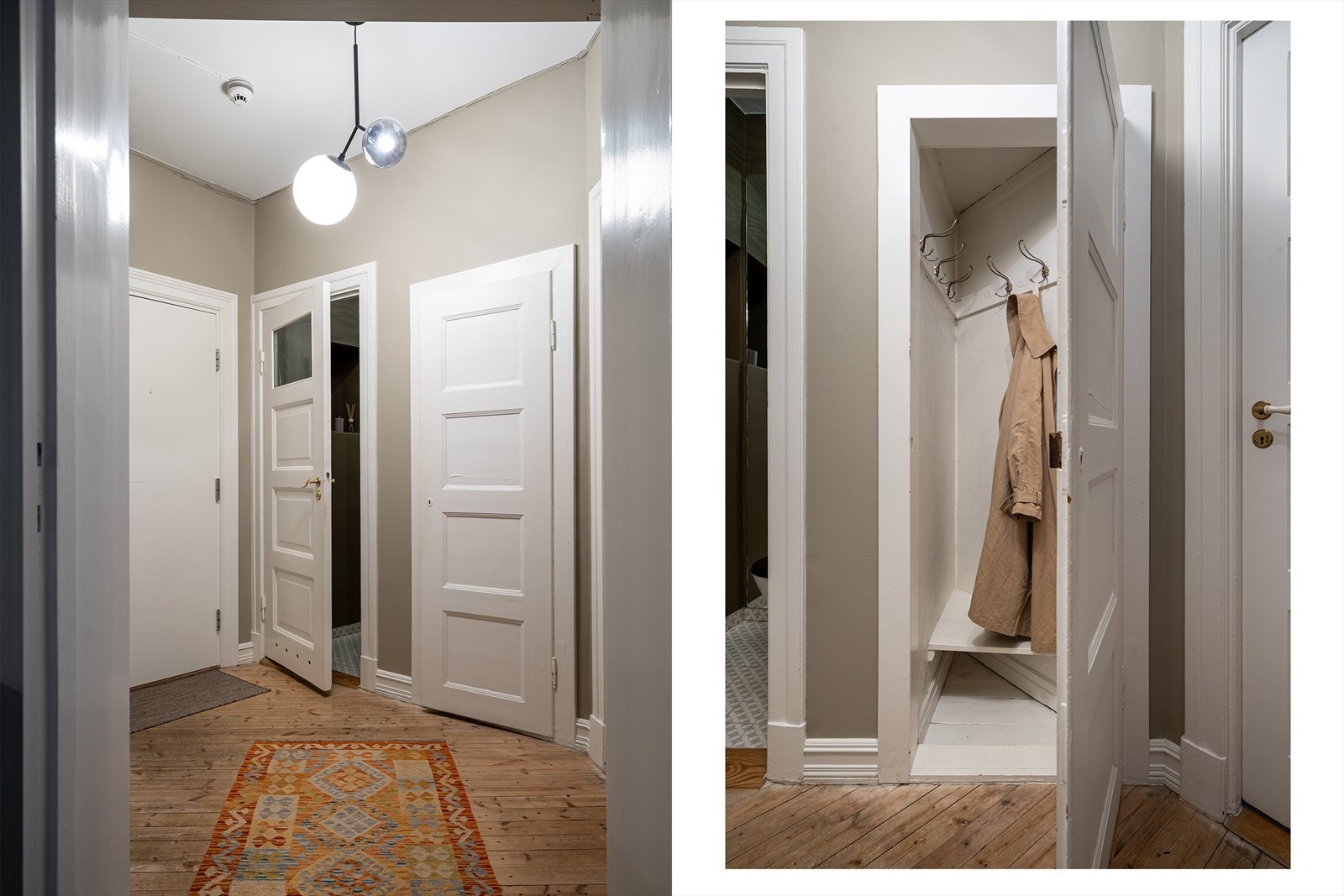 I entréen er det smarte hylleløsninger som gir gode muligheter for oppbevaring. Det er også et svært praktisk innbygd skap, utstyrt med oppbevaringsløsning for sko og jakker. Galleribilde