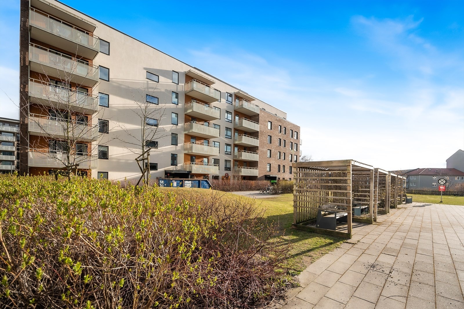 Pent opparbeidet fellestomt med asfalterte internveier, gressplener, busker, trær og bed samt sittegrupper Galleribilde